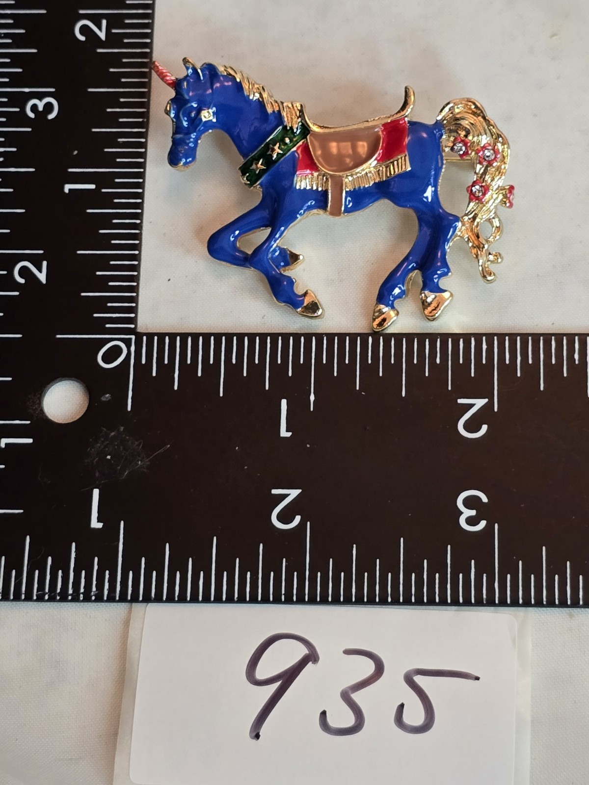 Blue Unicorn Brooch Enamel Gold Tone Rhinestone Tail Whimsical Fantasy Pin #935