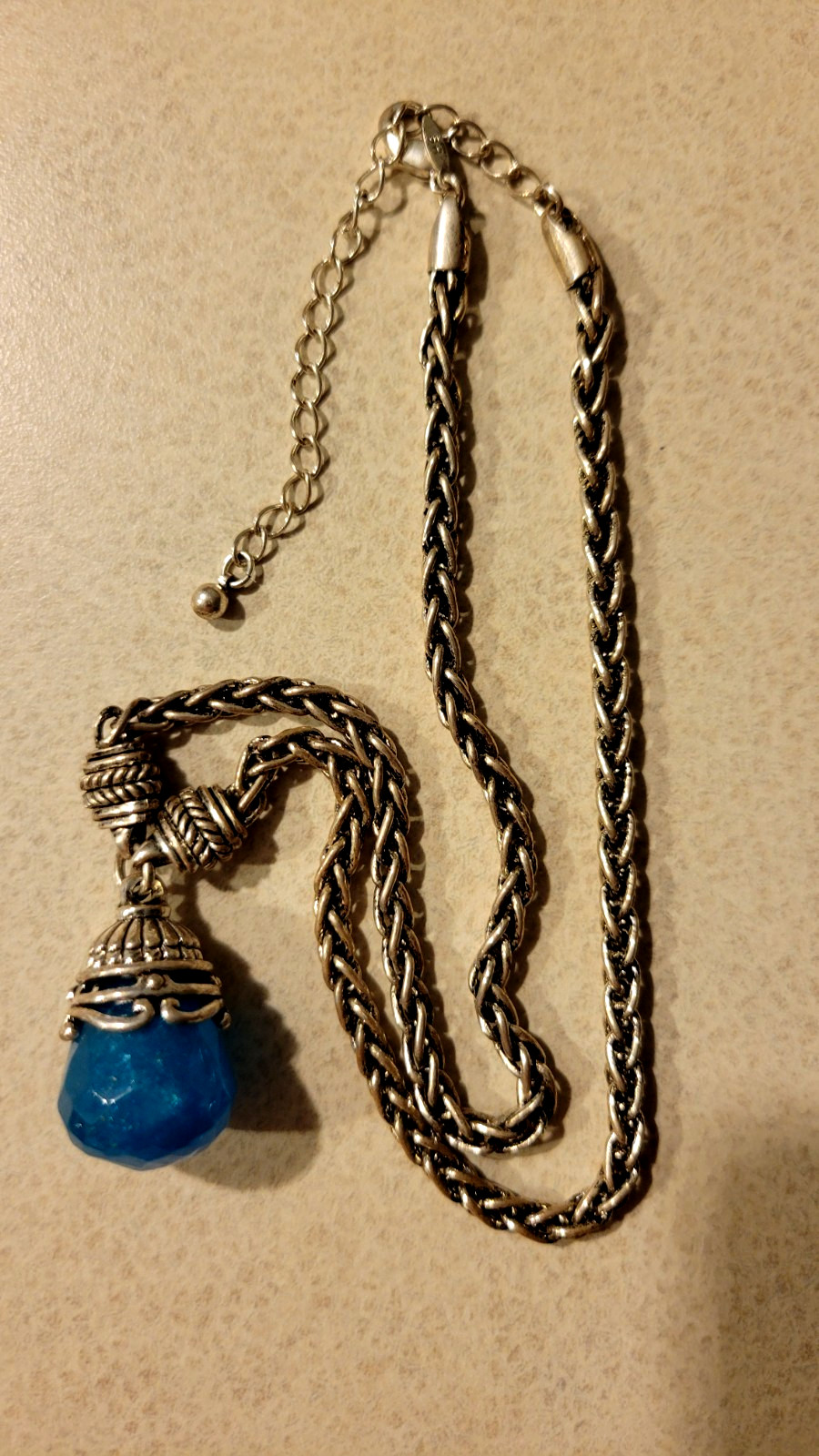 Jadeite stone pendant necklace stamped SH Avon antique silver tone cable chain
