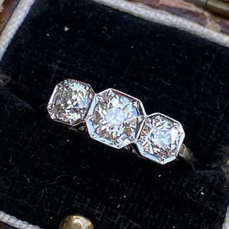 1.4Ctw White Round Cut Three Stone Simulated Diamond Art Deco Retro Silver Ring