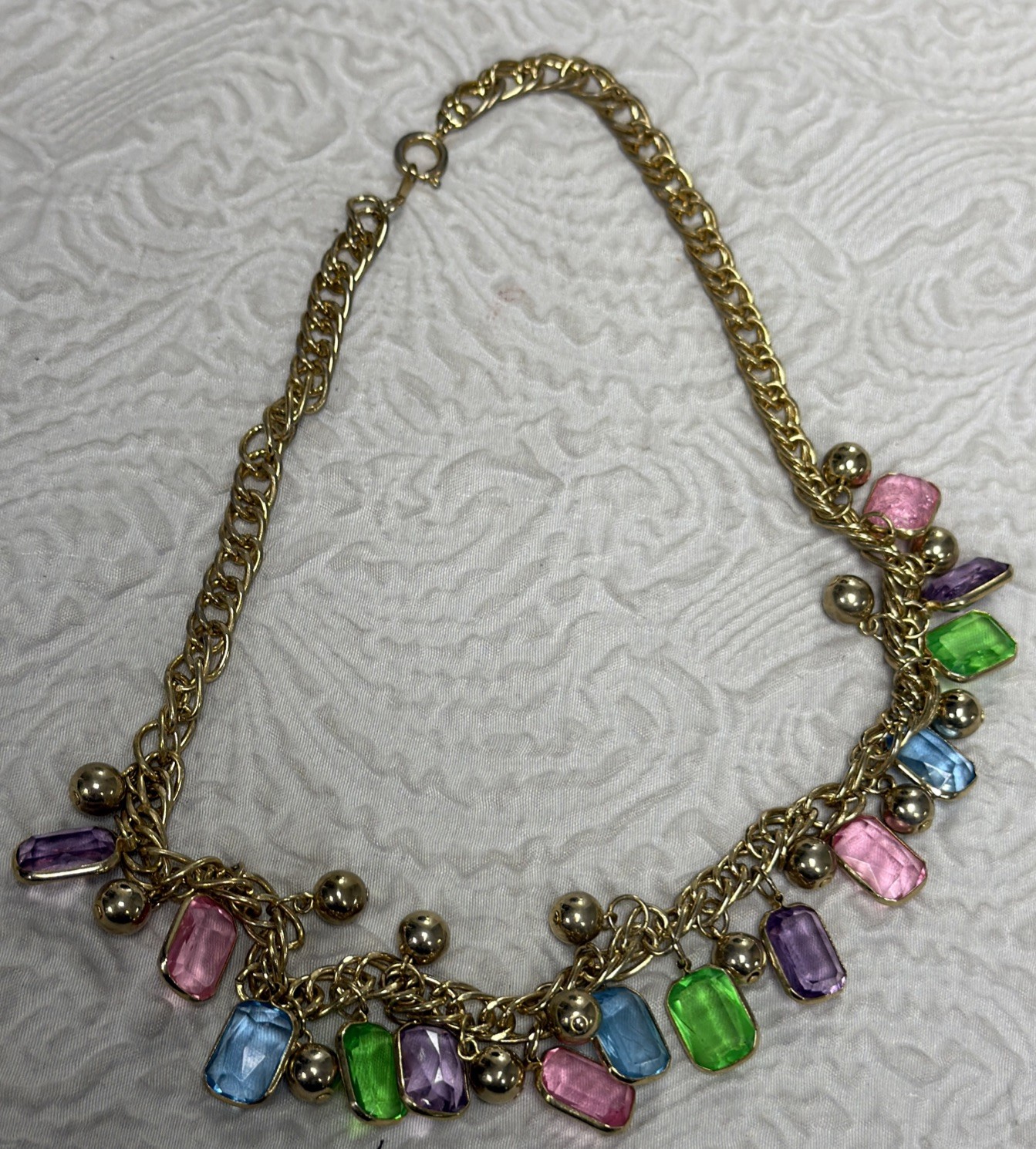 Vintage Gold Plated Multi Color Bezel Set Crystal & Gold Spacer 18” Necklace