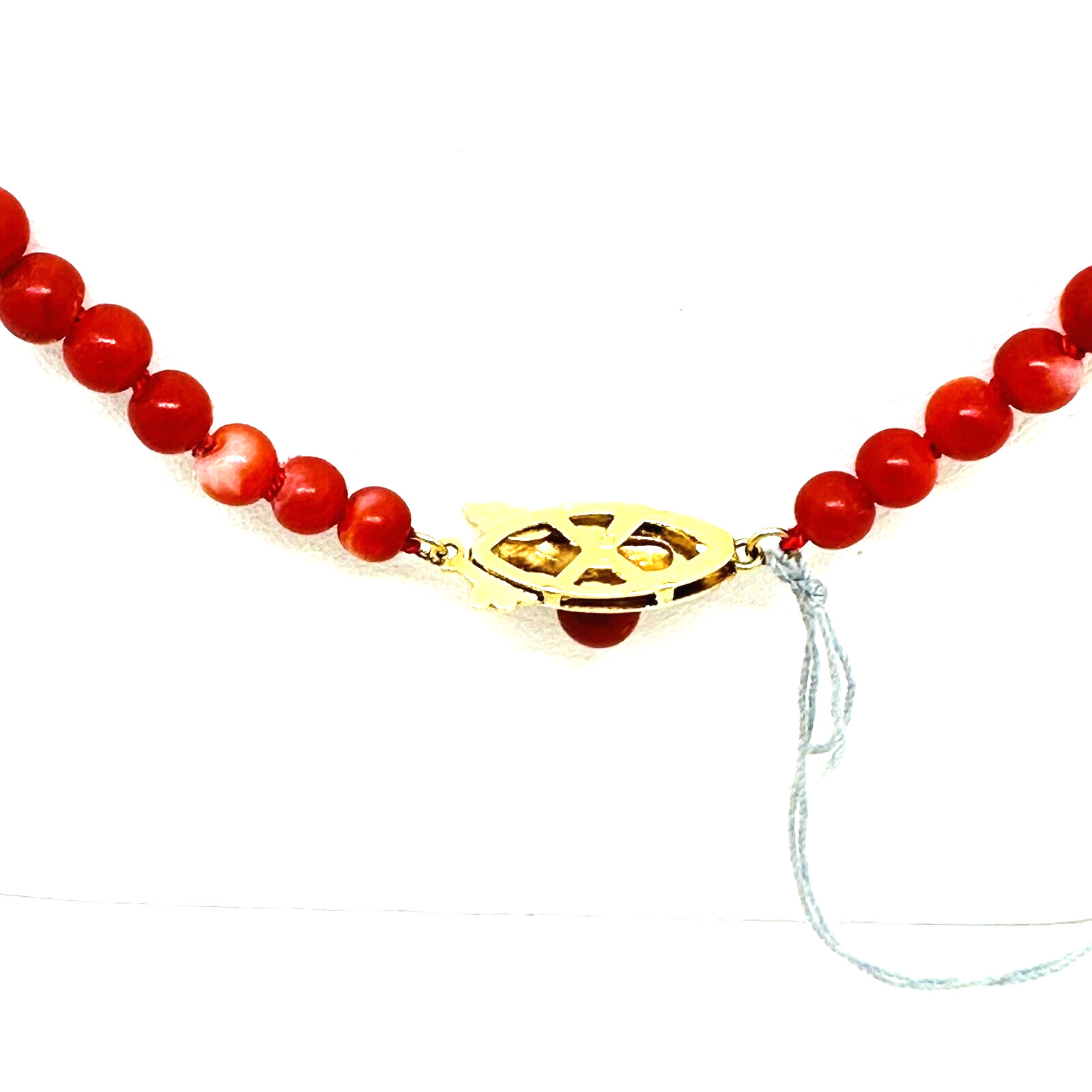 Natural Red Coral 9 mm x 4 mm Strand 18k Yellow Gold Necklace 17.5″