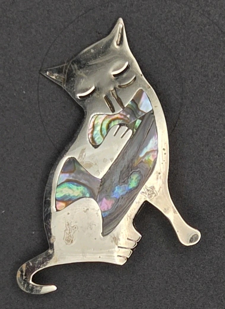 Vintage Alpaca Silver Abalone Inlay Cat Pin Marked Mexico Alpaca