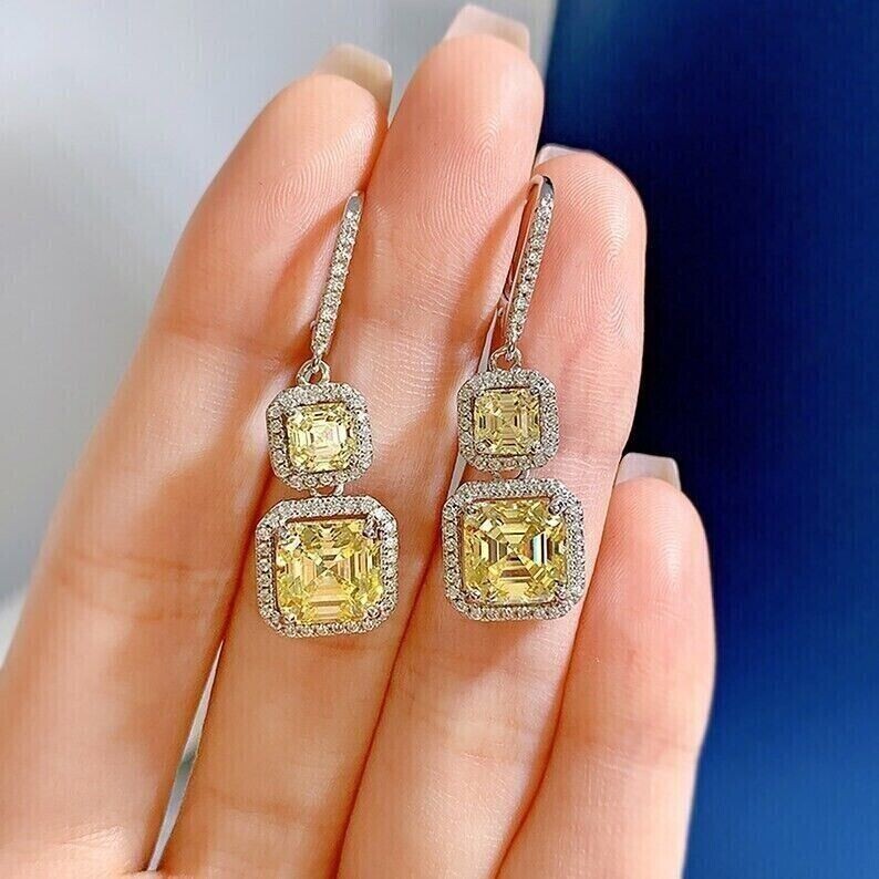 Art Deco Asscher Cut Citrine Lab Created Diamond Engagement 925 Silver Earrings