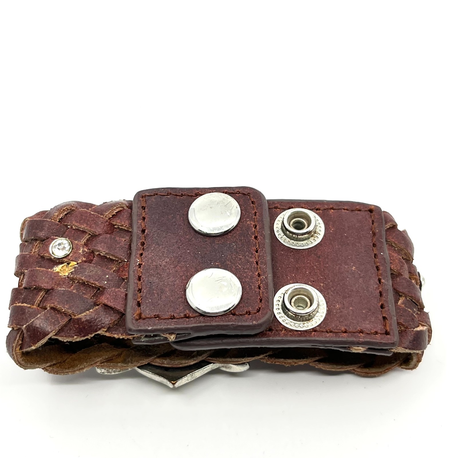 Vintage Y2K Brown Braided Leather Rhinestone Flower Cuff Bracelet Boho Retro