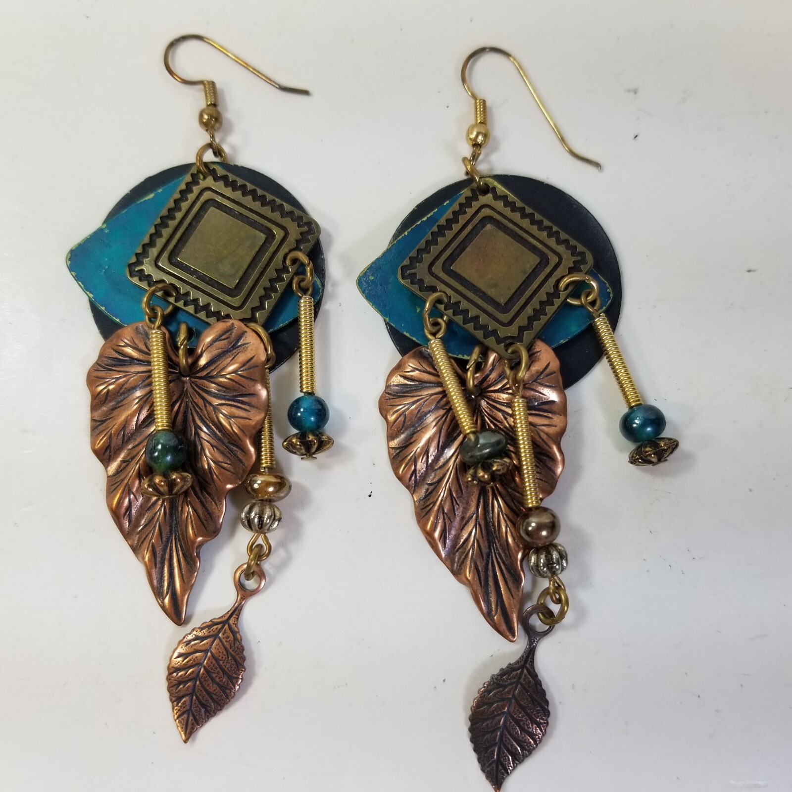 Newpro Dangle Earrings Vintage Metal Beaded Tribal Leaf Leaves Southwestern
