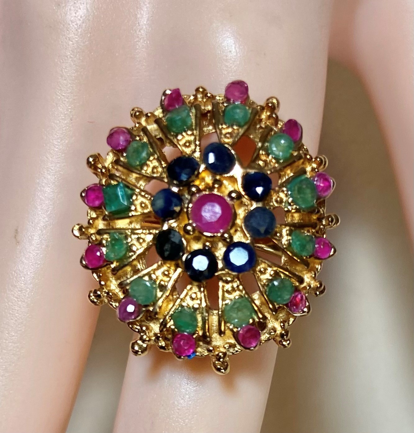 AUTHENTIC SWOBODA RING~ADJUSTABLE ~ GENUINE RUBY, EMERALD, SAPPHIRE ~ LOVELY!