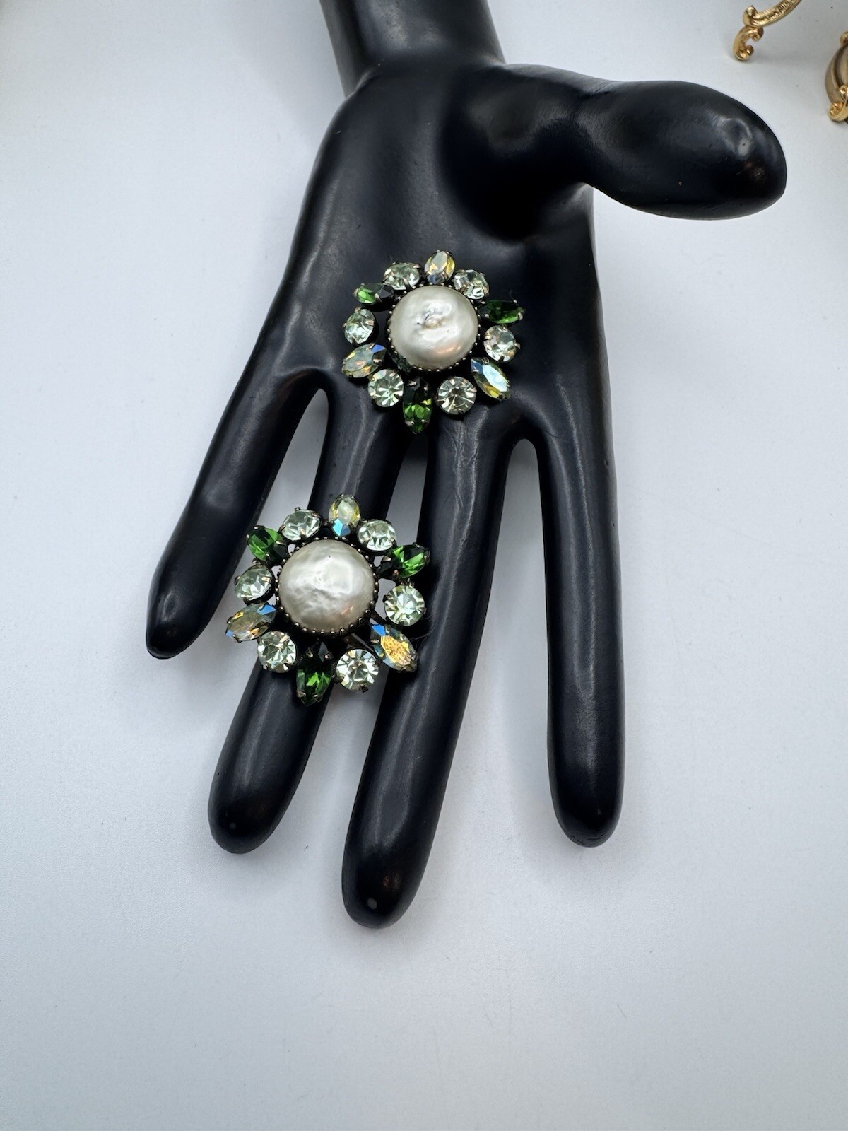 Antique Vintage Blue Rhinestone Clip On Earrings And Gray Baroque Faux Pearl