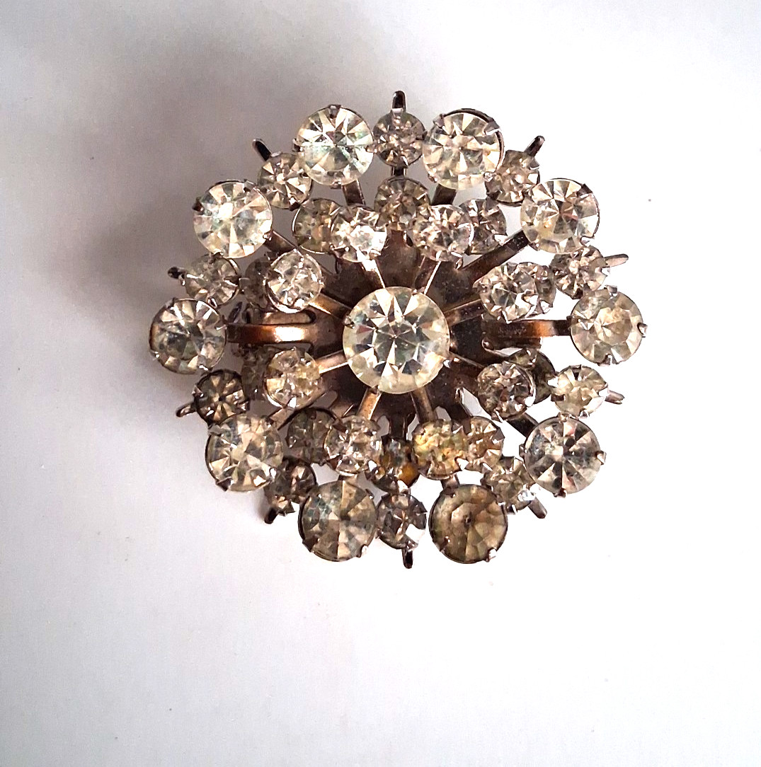 Vintage Clear Rhinestone Star Cluster Prong Set Bling Silver Tone Brooch 1.5″