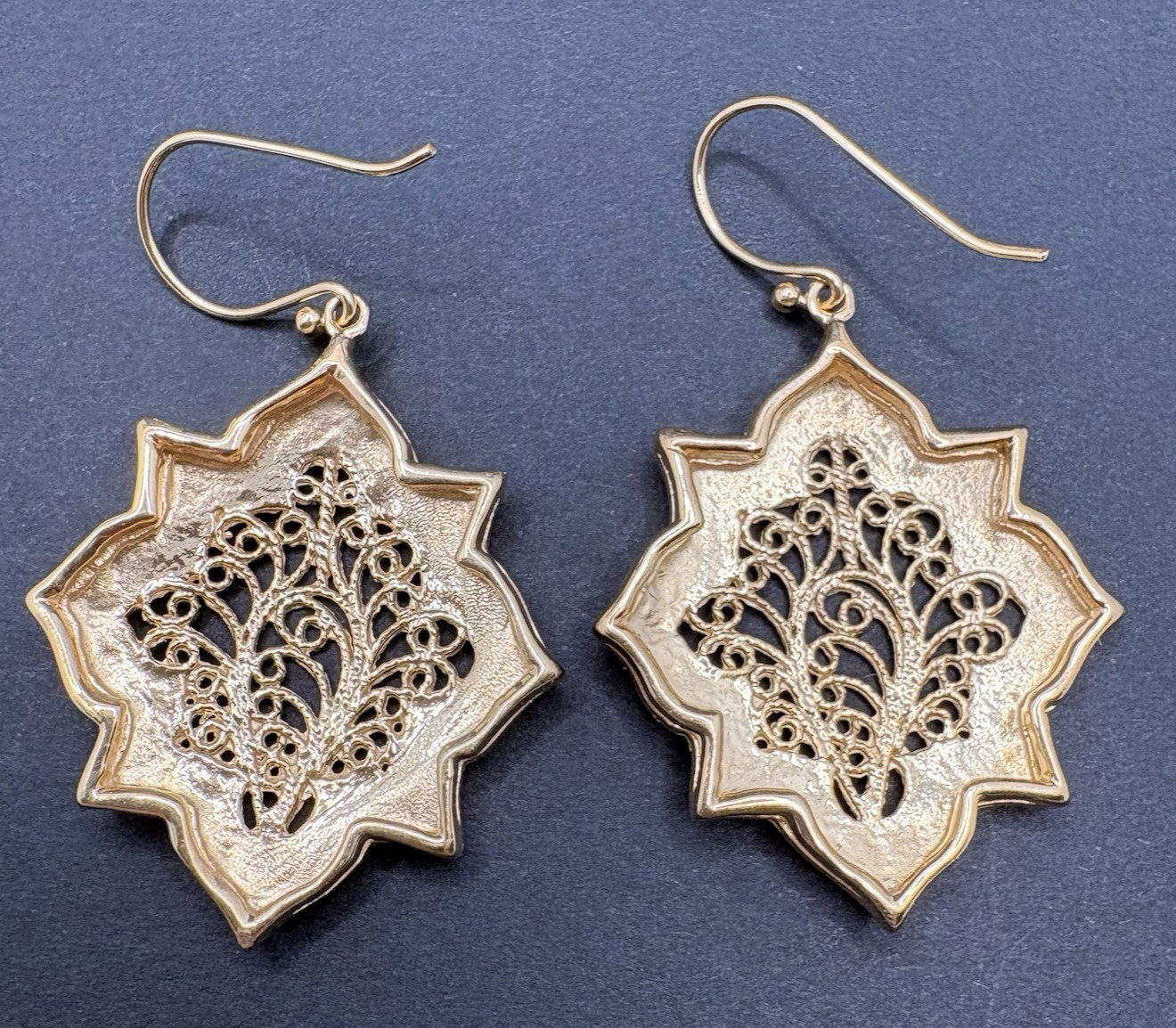 Vintage Filigree Geometric Gold Tone Pierced Earrings Ornate Dangle Drop