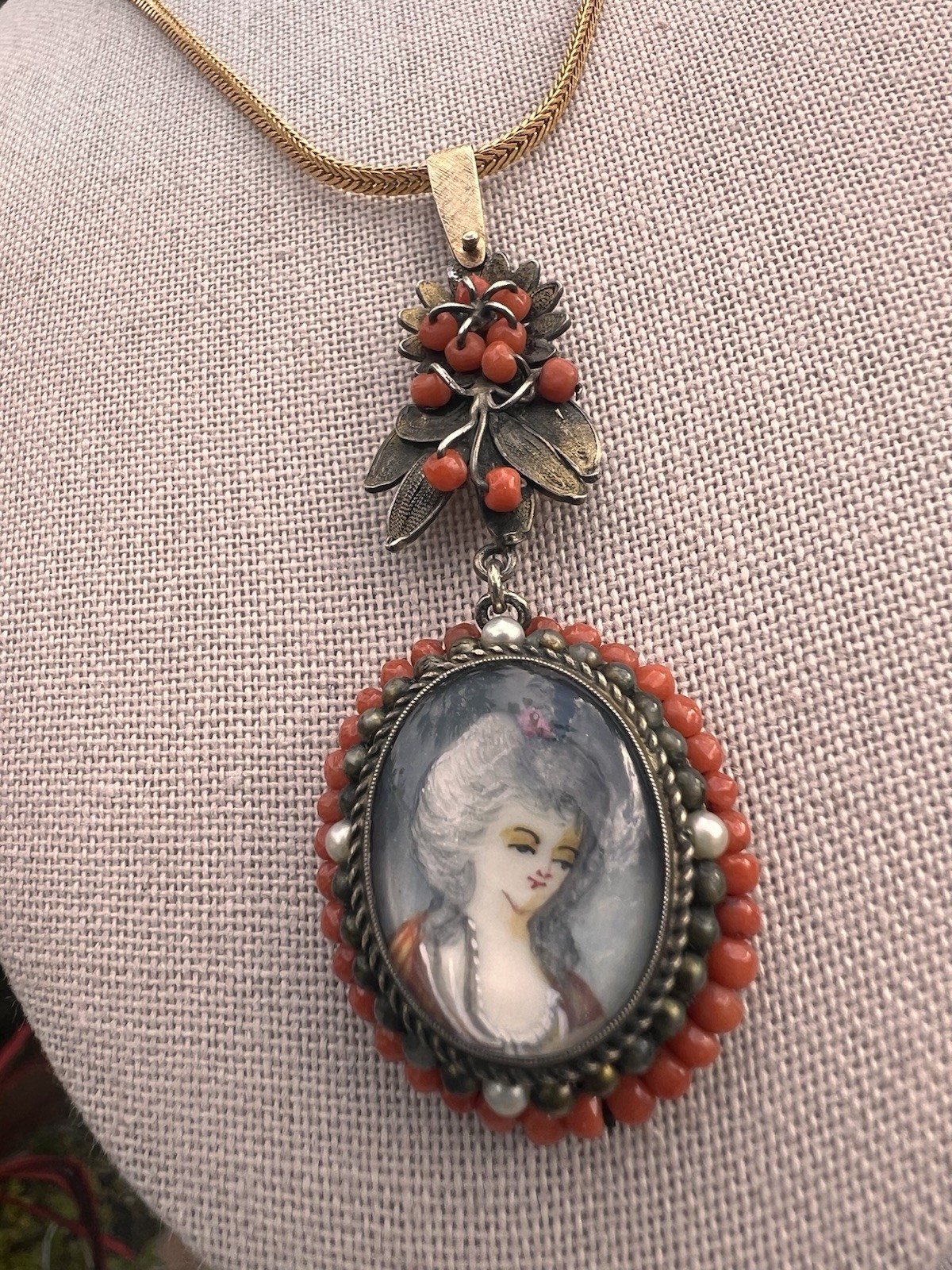Antique Yellow Gold + Silver Coral Seed Pearls Hand Painted Portrait Pendant