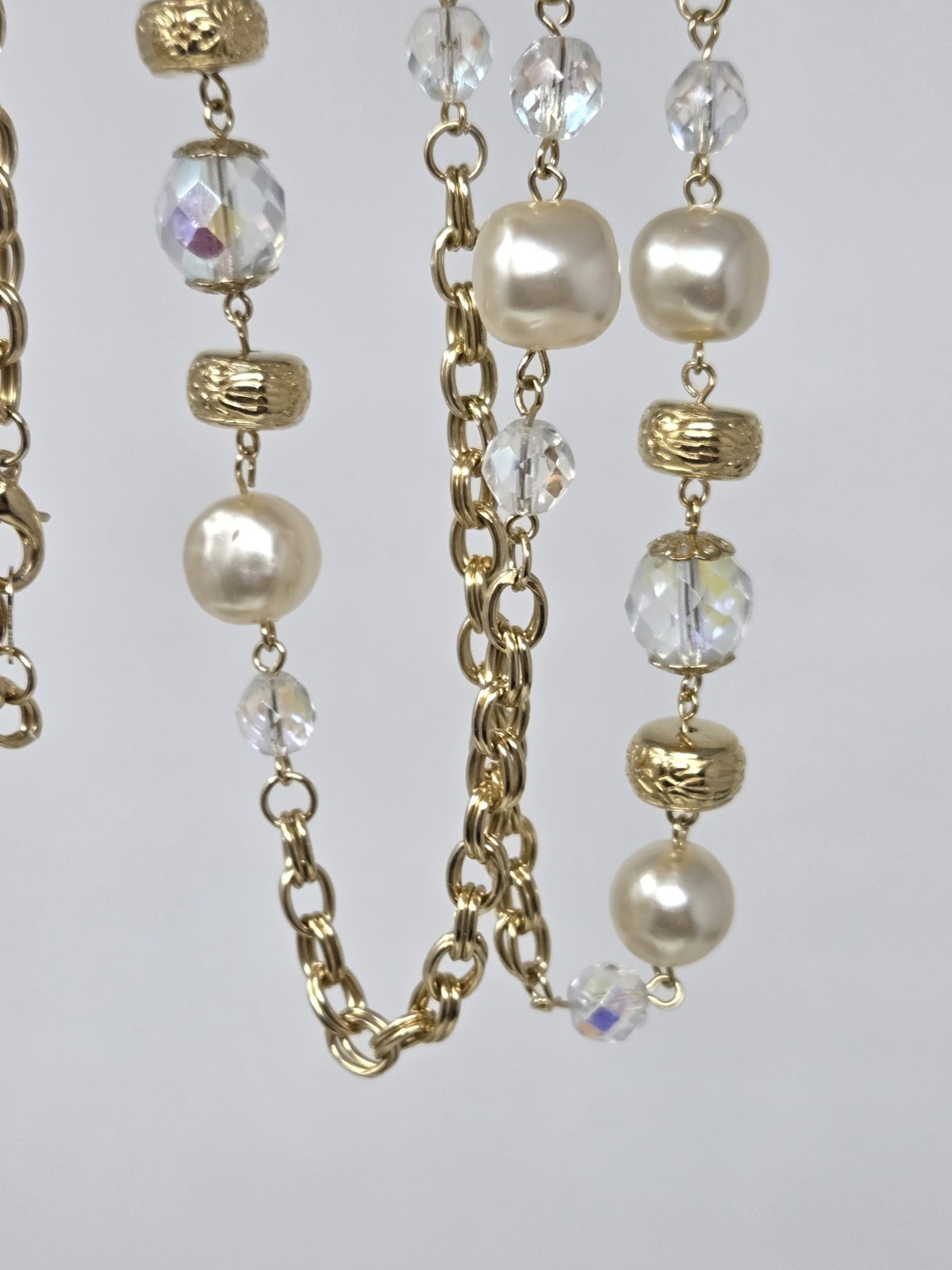 Gold Tone AB Crystal & Faux Pearl Chain Necklace 60 Inches Long Vintage