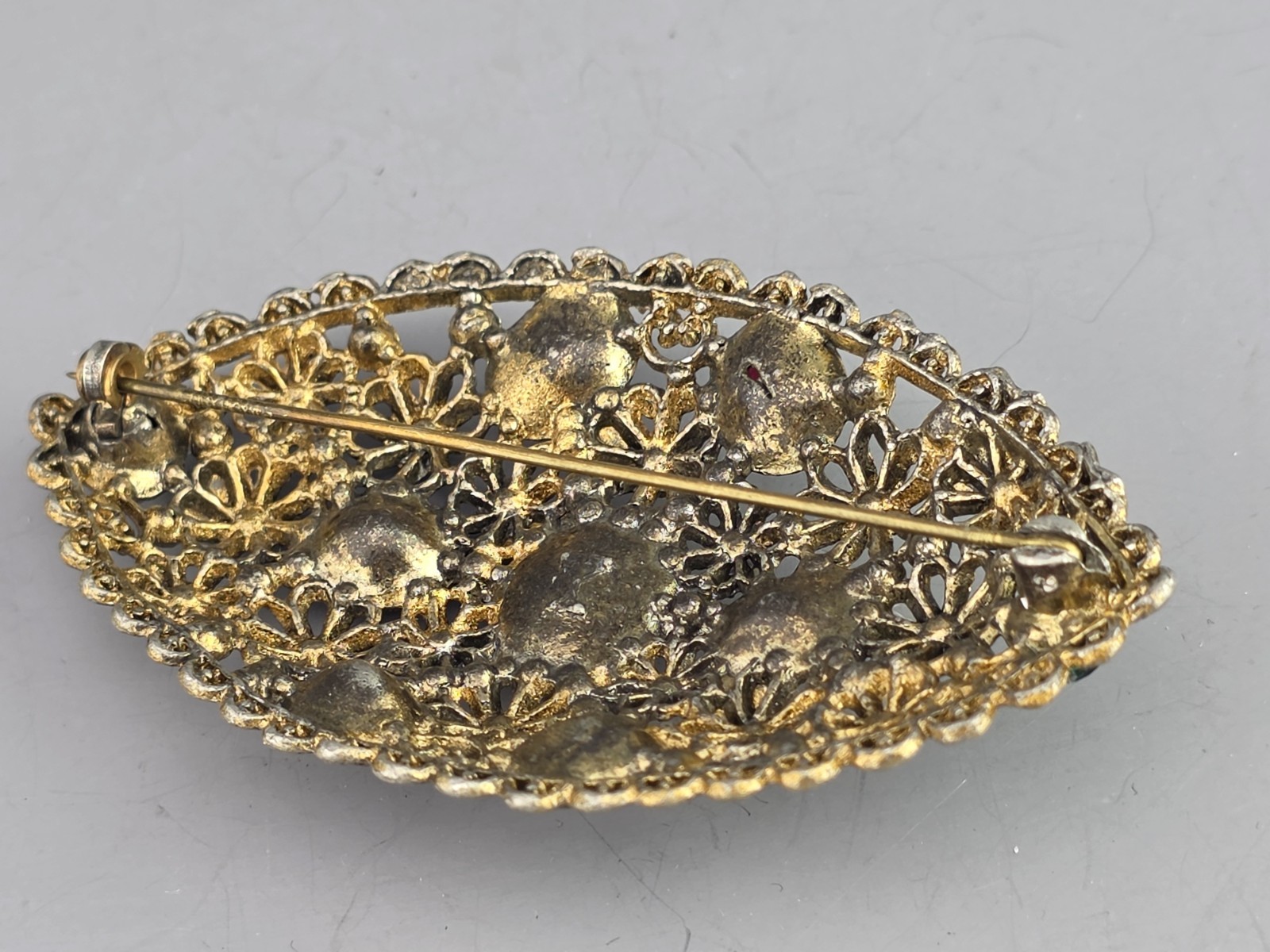 Vintage New England Glass Works Czech Filigree MultiColored Gemstones Pin Brooch