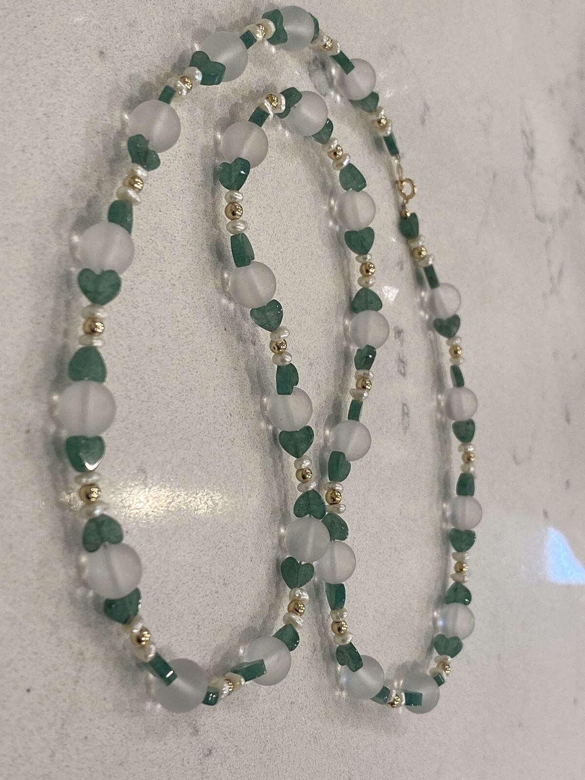 14K Gold, Emerald Hearts, Clear Round Quartz, Pearls & Gold Beads Clasp Necklace