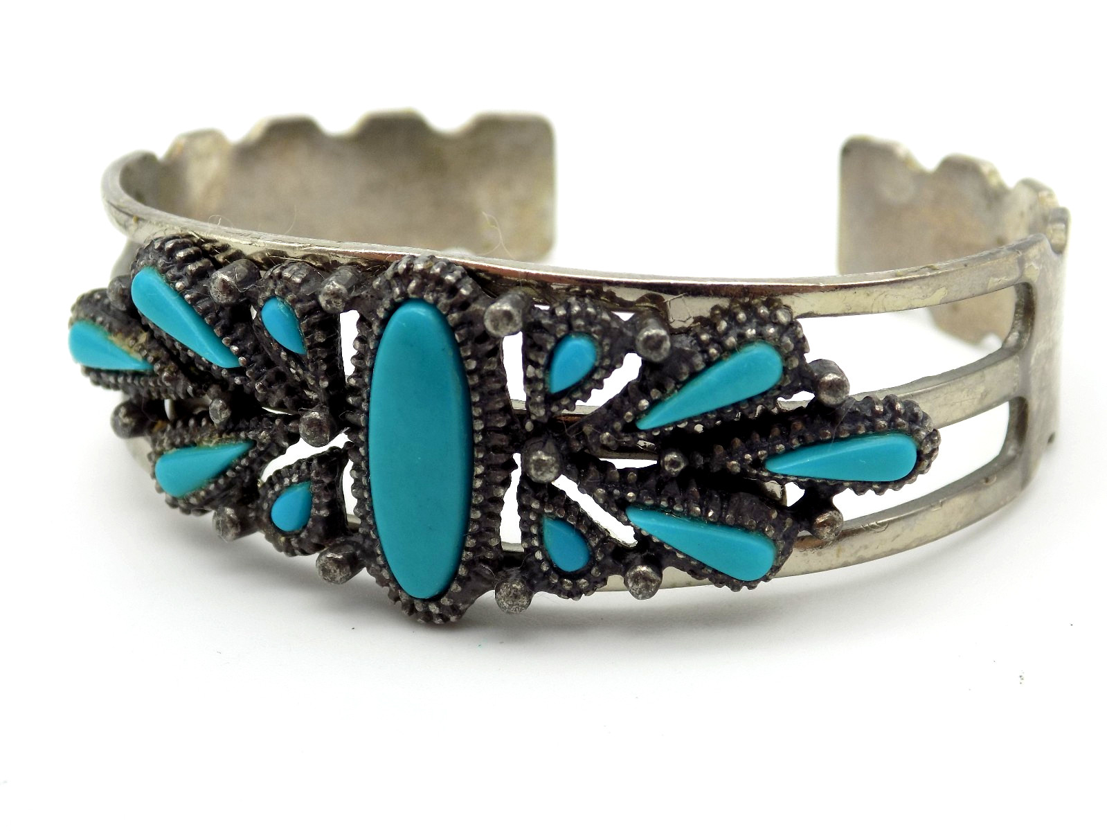 Vintage Faux Turquoise South Western Cuff Bracelet Silver Tone Etched