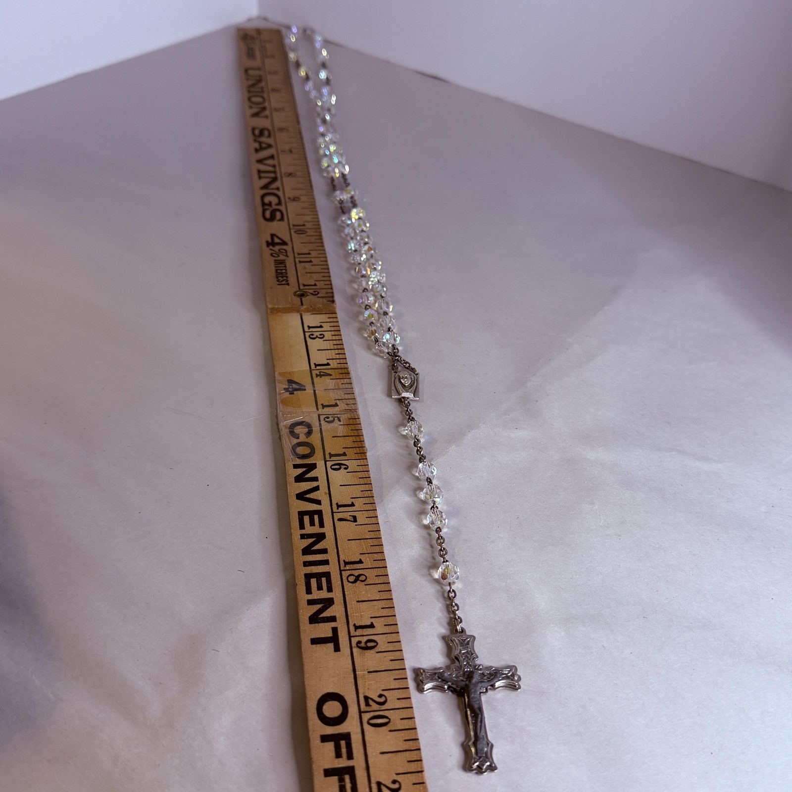 Vintage Clear Crystal Beaded Rosary Necklace Y Drop Cross Roma Italy 21in