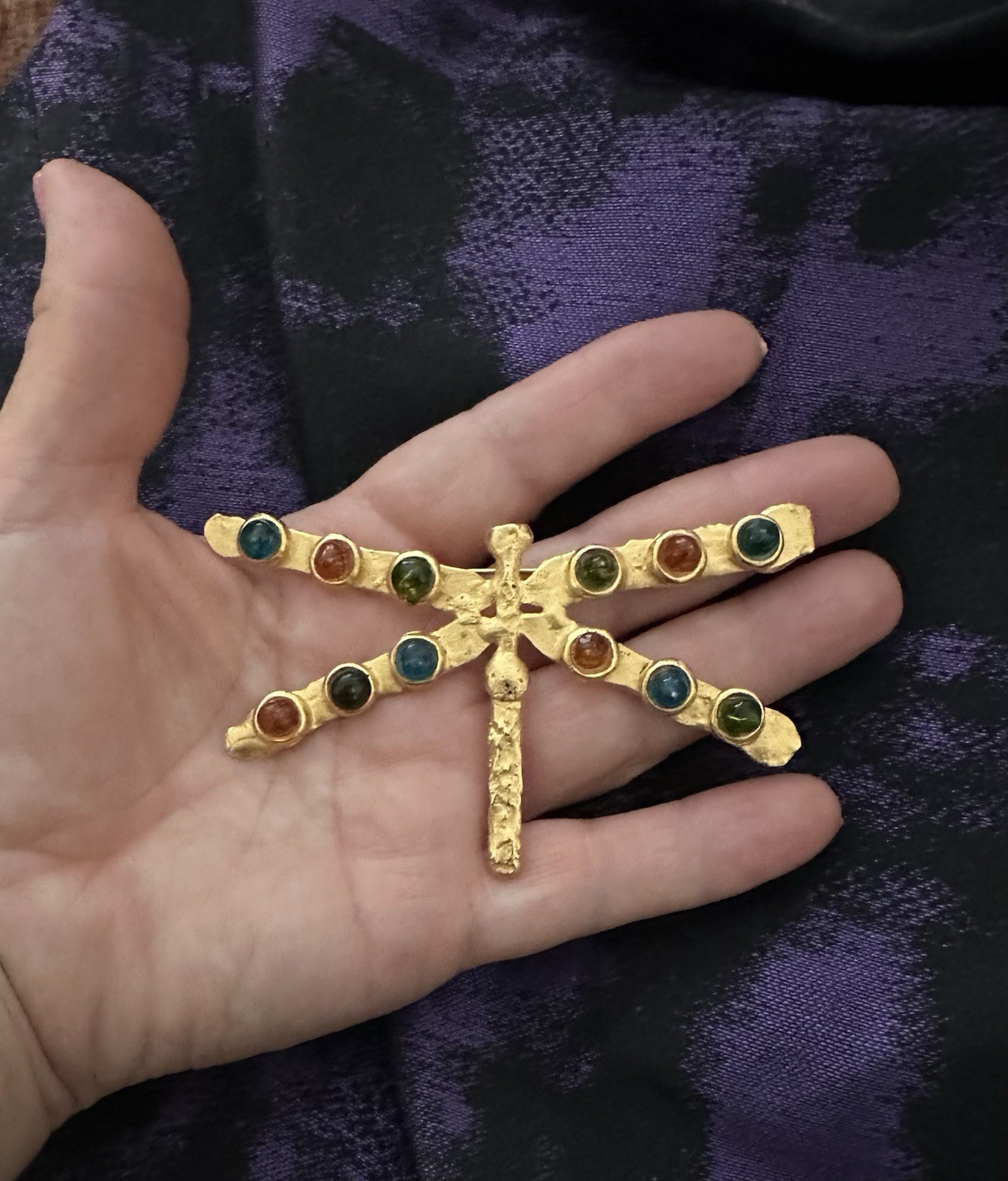 Deanna Hamro Gold Brooch Dragonfly 1980’s Poured Glass Gripoix Cabochon Pin