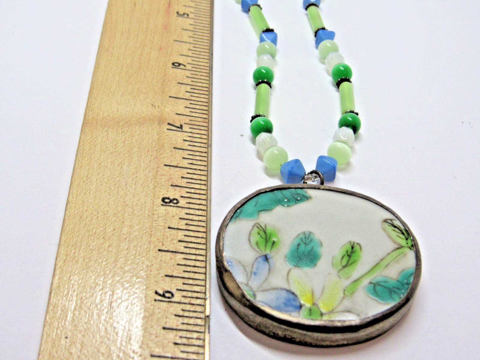 Vintage Silver Tone Glass Bead Necklace Floral Boho Retro Green Mod #J