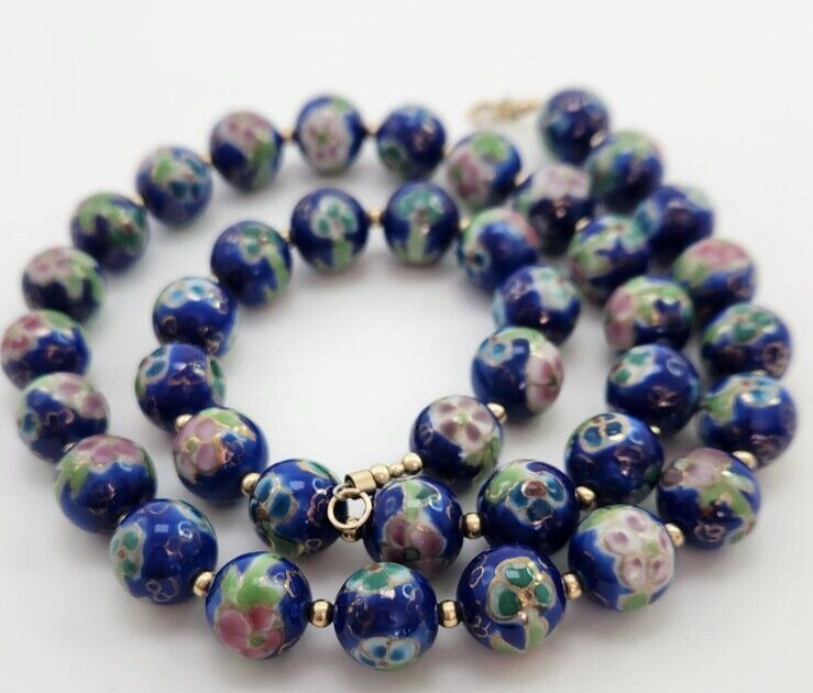 Vintage Japanese Cloisonne Bead Floral Necklace, Blue Pink and Green 22 Inches