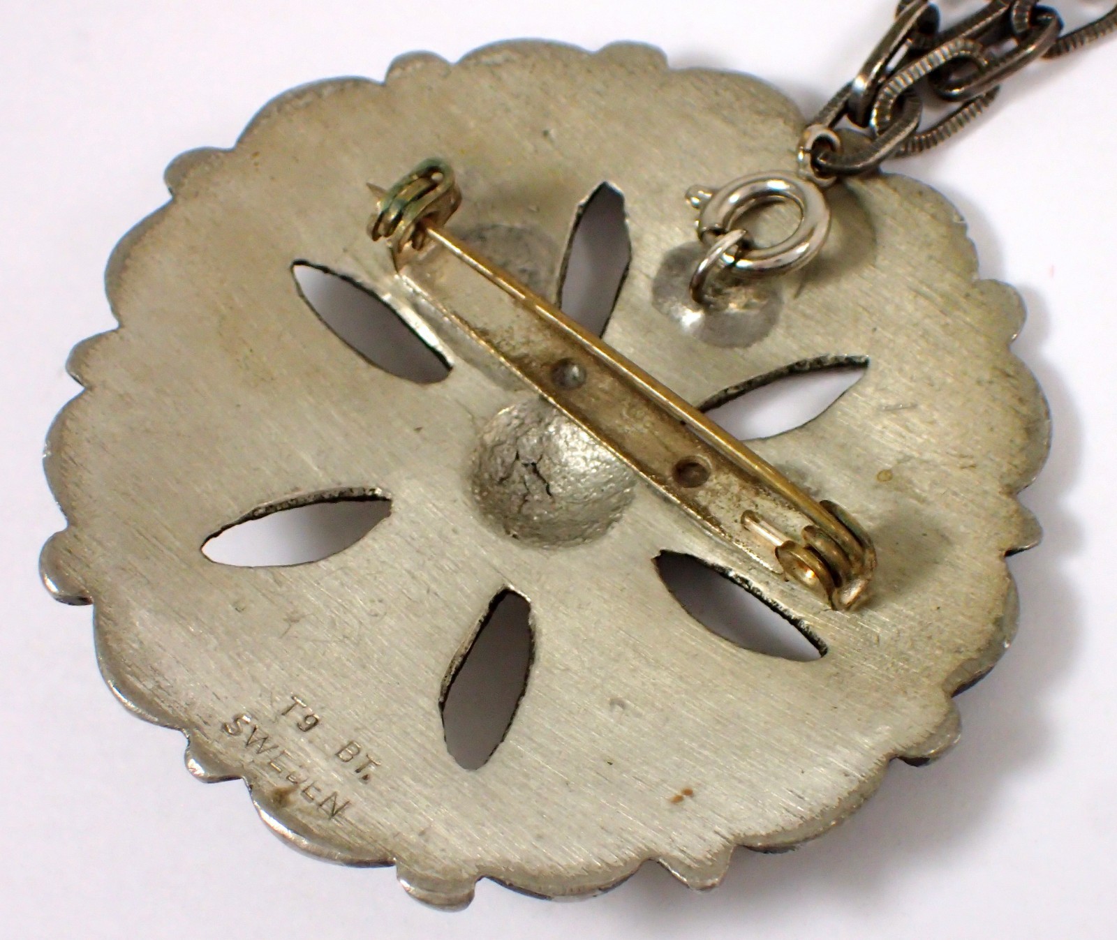 HUGE Vtg MCM Borje Tennung Sweden BT T9 Pewter Flower Brooch Pendant Necklace