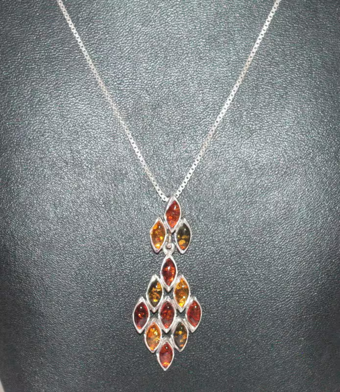 Vintage Amber Pendant Necklace Sterling Silver Setting 3 Colors Diamond Shaped
