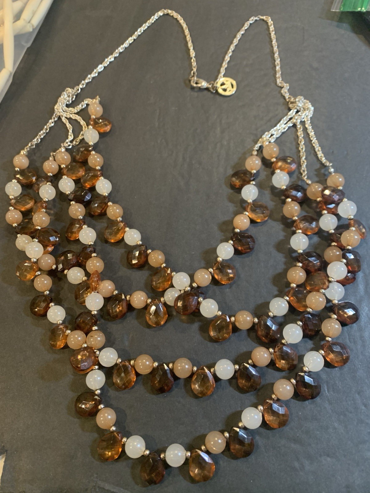 VTG Crown Trifari 5 Strand 24″ long necklace With ACRYLIC beads In Fall Colors