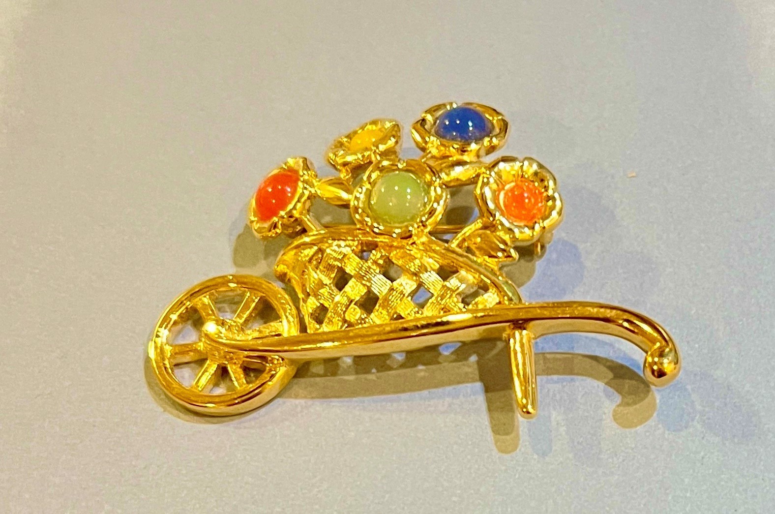 Signed Trifari Vintage Flower Wheelbarrow Brooch Pin Gold Tone 2.25 Inches Long
