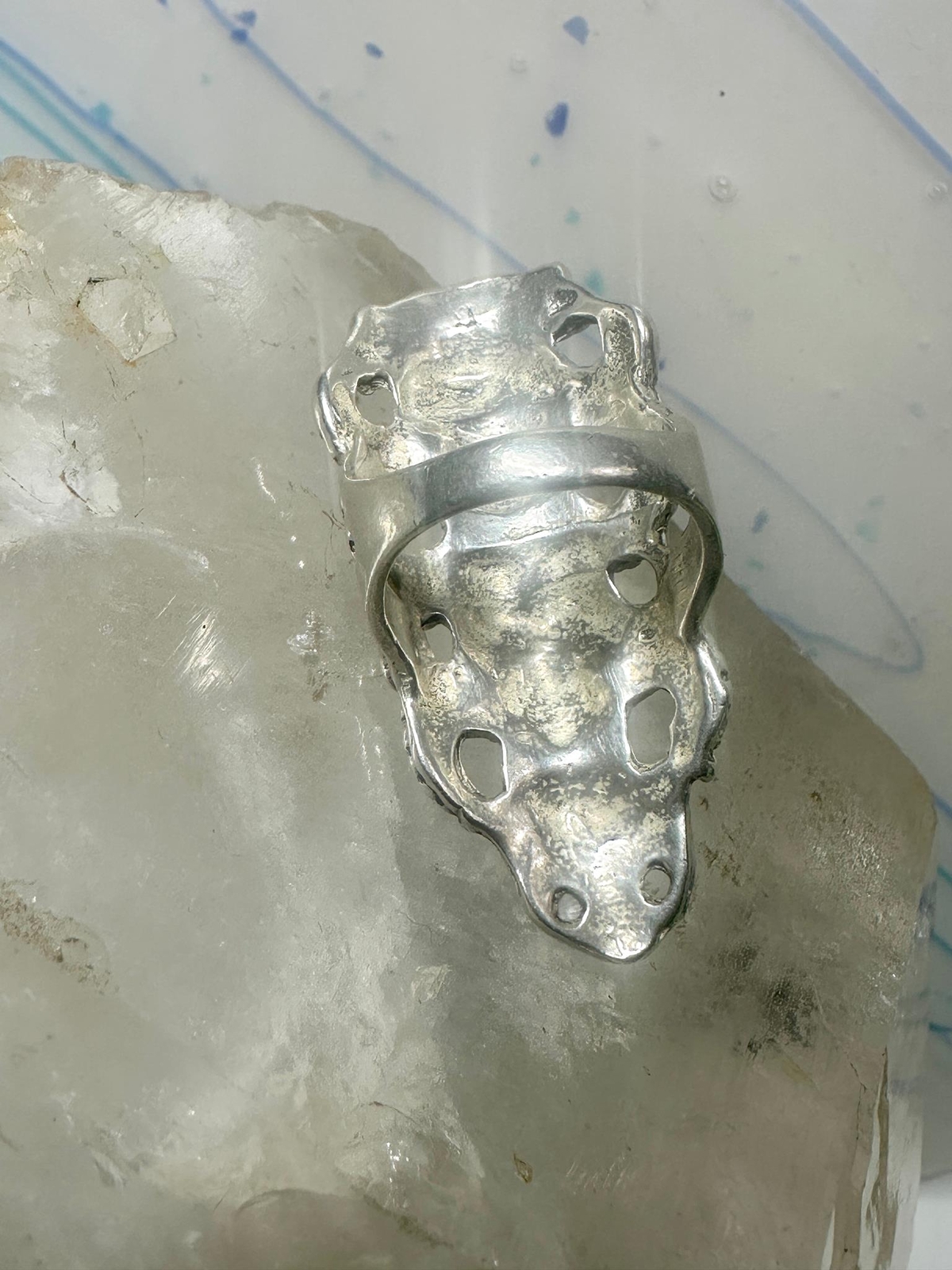 Face ring long figurative Art Deco influences garnets size 5.75 sterling silver