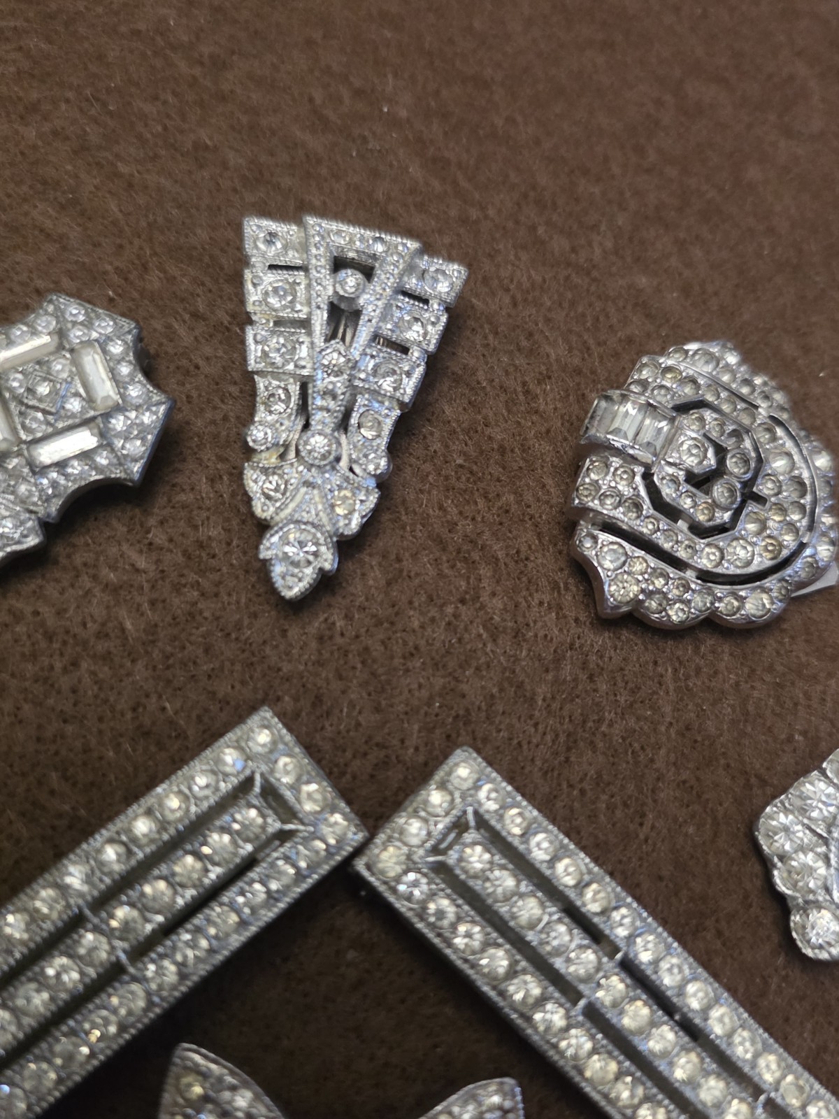 Vintage Art Deco Dress Clip Set (9) Rhinestone 30s Geometric Silver Tone