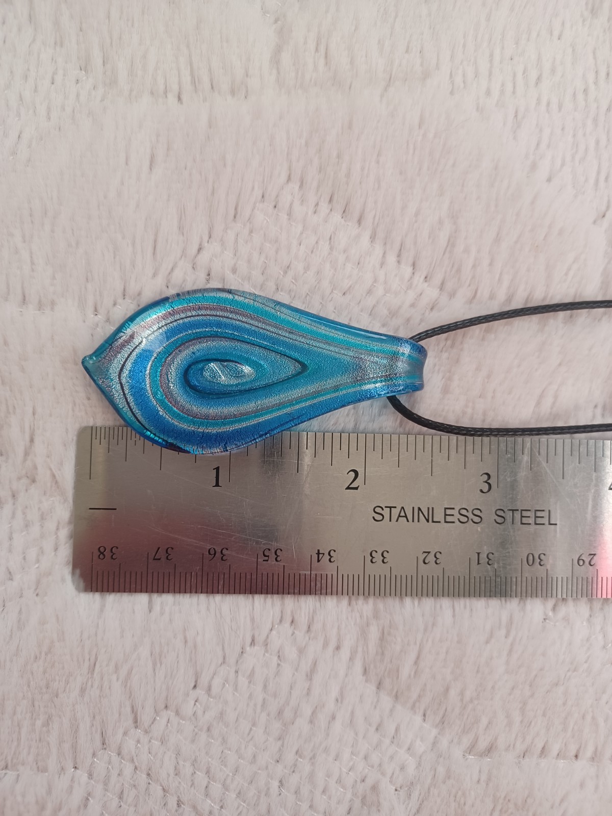Vintage 90s / 2000s Y2K Art Glass Blue Swirl Pendant On Black Cord Necklace