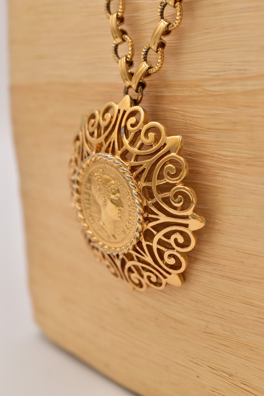 Monet Vintage Coin Pendant Necklace Gold Filigree Medallion Signed 1970s BinBN