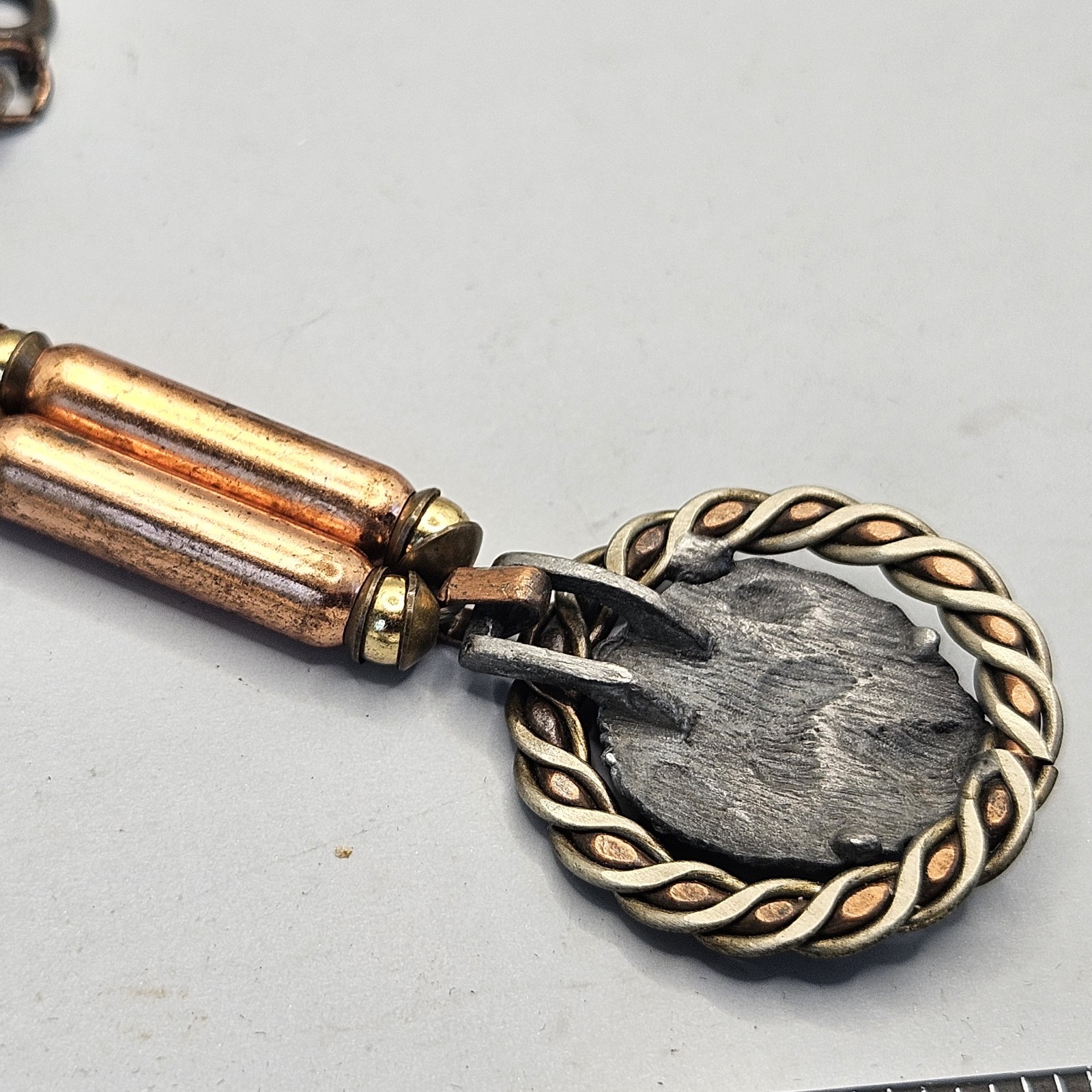 Vintage Lion Head Pendant Necklace Mixed Metal Pewter Copper Bronze Tone Chain