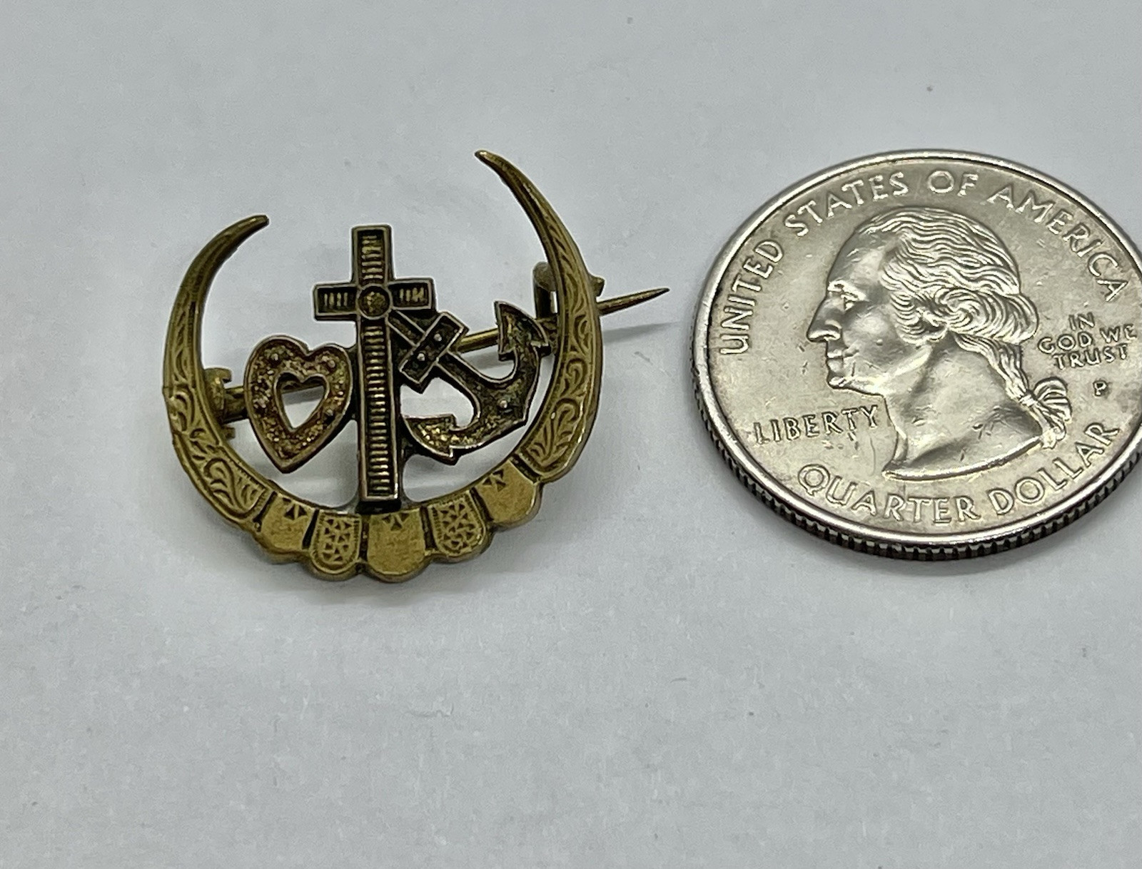 Antique Victorian Faith, Hope & Charity Goldtone Brass Brooch Pendant