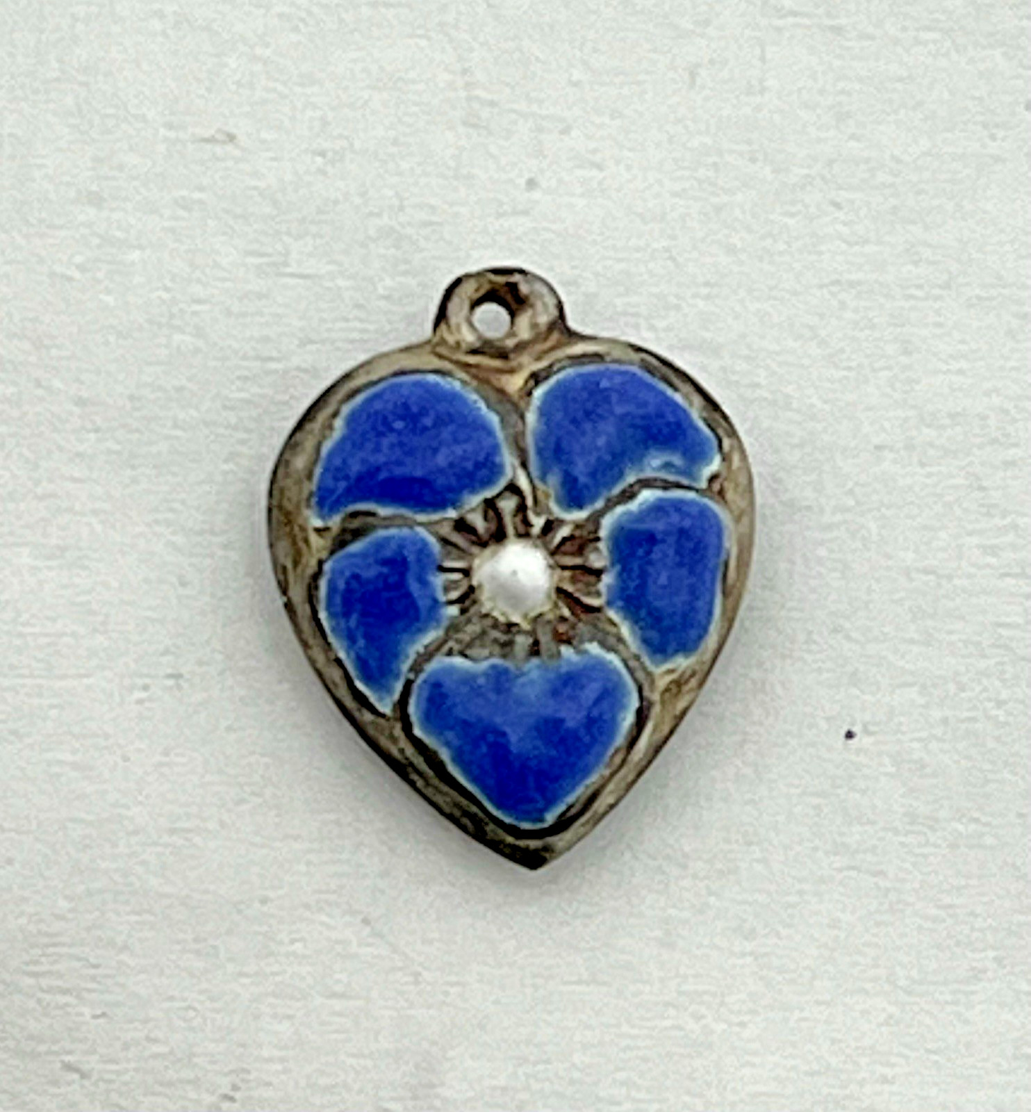 Sterling Silver Heart Flower Charm Puffy Blue Enamel Pansy 925 Vintage Stamped