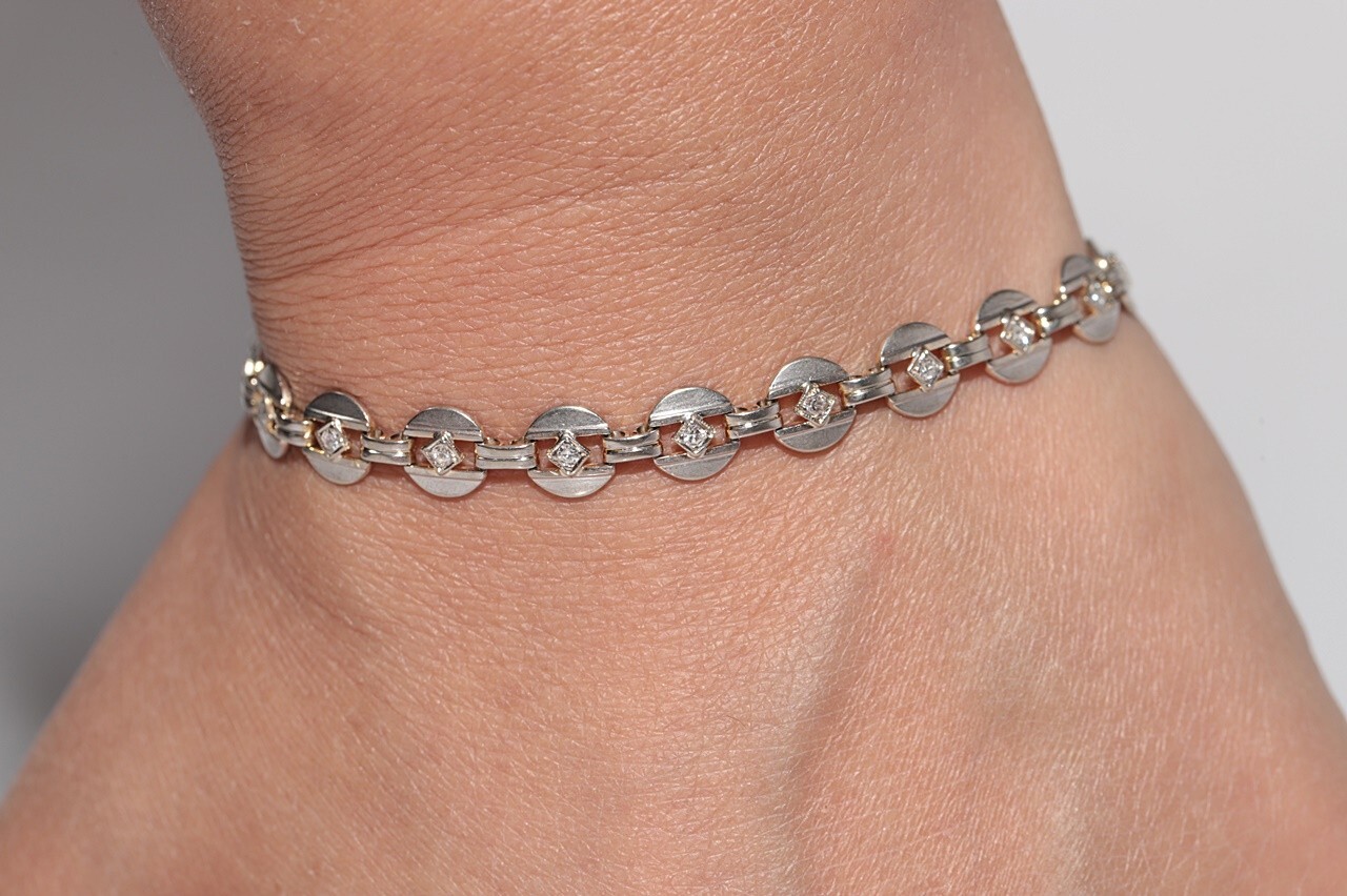 Antique Circa 1920s Art Deco 14k Gold Natural Diamond Decorated Tennis Bracelet