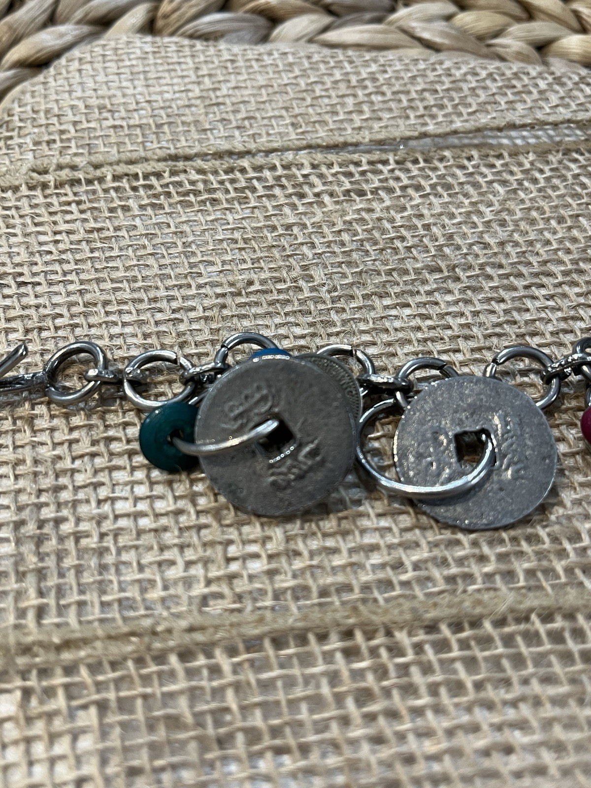 Vintage Artisan Crafted Coin Charm Bracelet Mixed Materials Estate Jewelry Boho