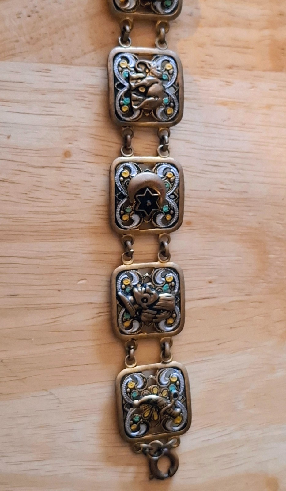Vintage Jewelry Brass Tone Panel Link Bracelet with Filigree, Enamel & Cabochons