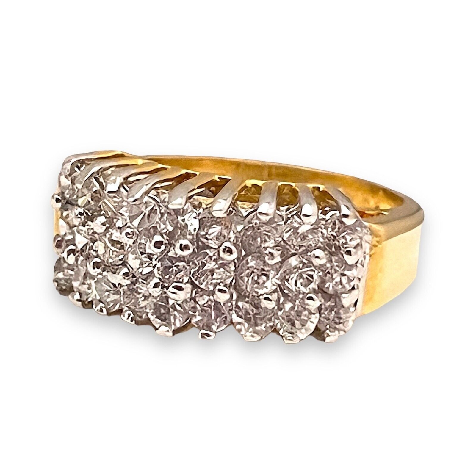 Vintage 1980s Ring Size 6 CZ Cluster Three Row Prong Set Gold Plated – 14M