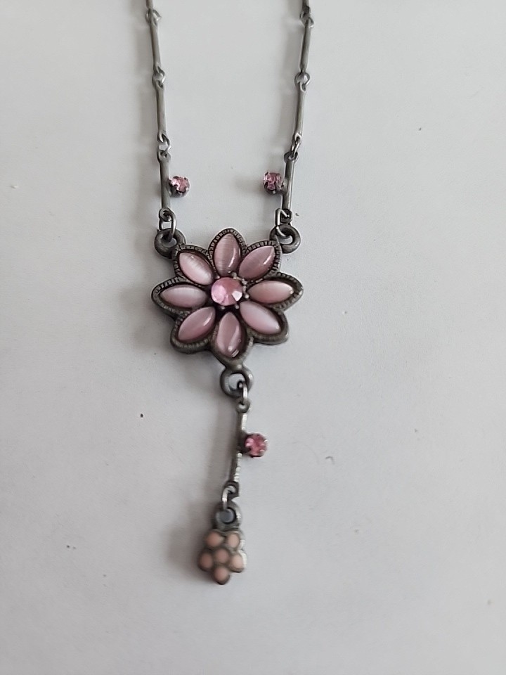Vintage Whimsigoth Pink Flower Necklace Gunmetal Key Link Chain Goth Y2K Grunge