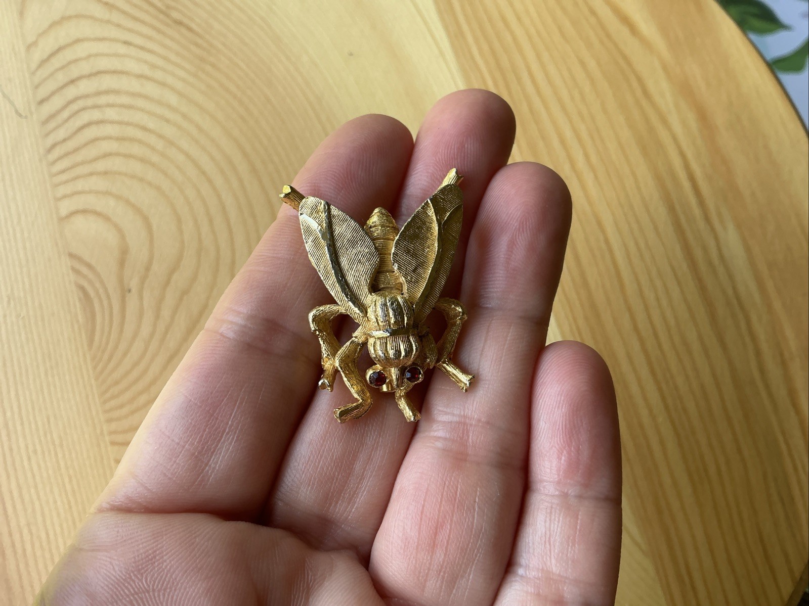 Vintage Fly Brooch Pin with Red Rhinestone Eyes Textured Gold Tone Medium Chunky