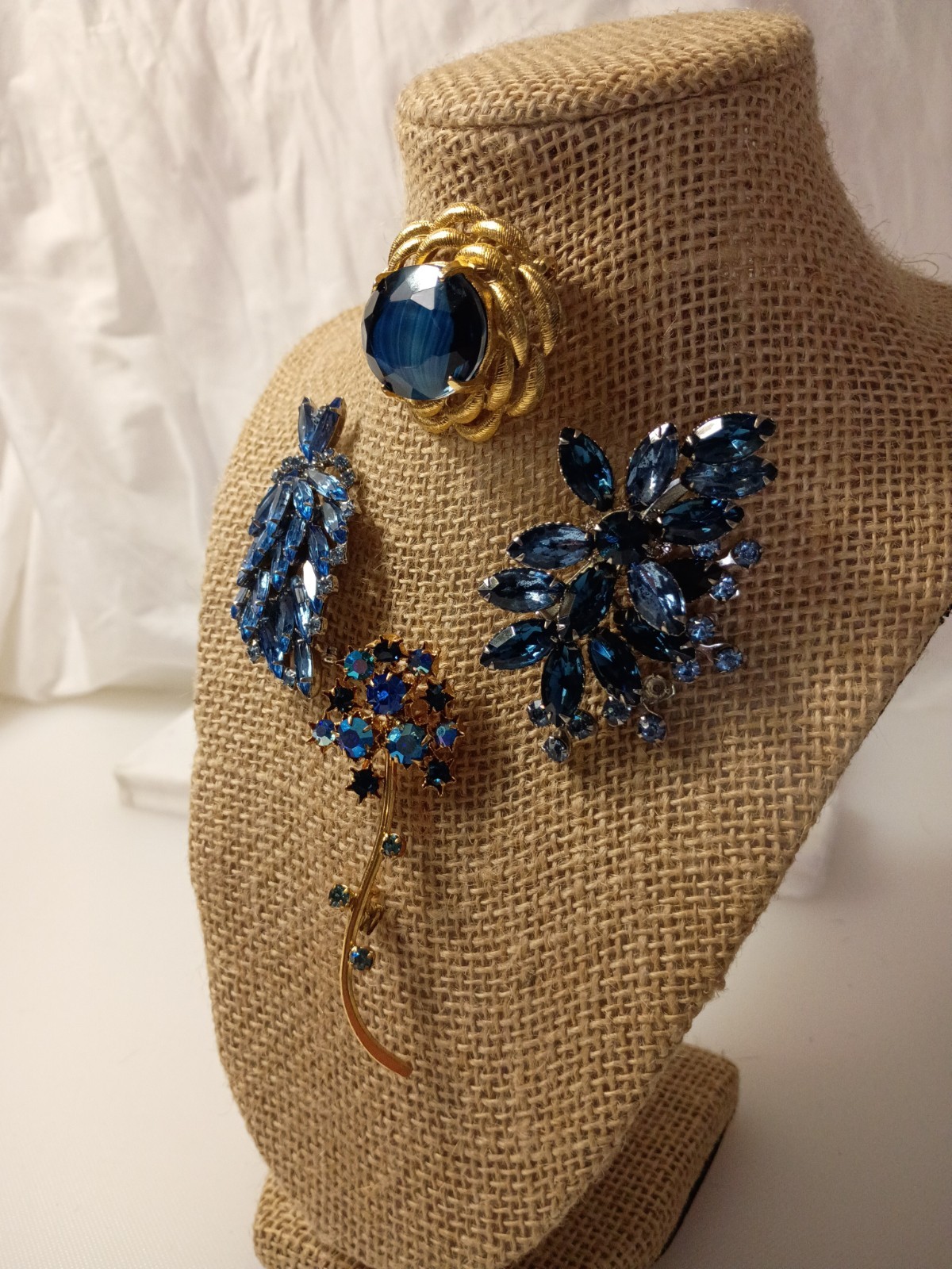 Rhinestone Costume Vintage Jewelry Lot, 4 Piece, Blue, Silver Tones, Gold Tones