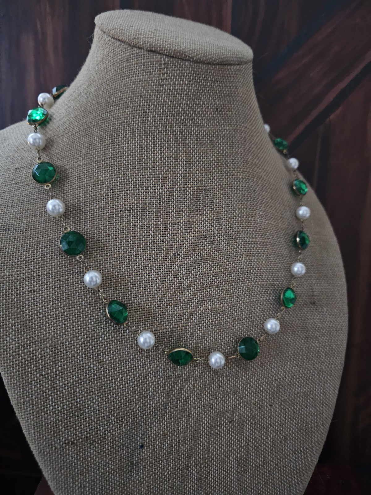 Vtg Green Acrylic Bezel Set Crystal Faux Pearl Goldtone Necklace Screwback Ear