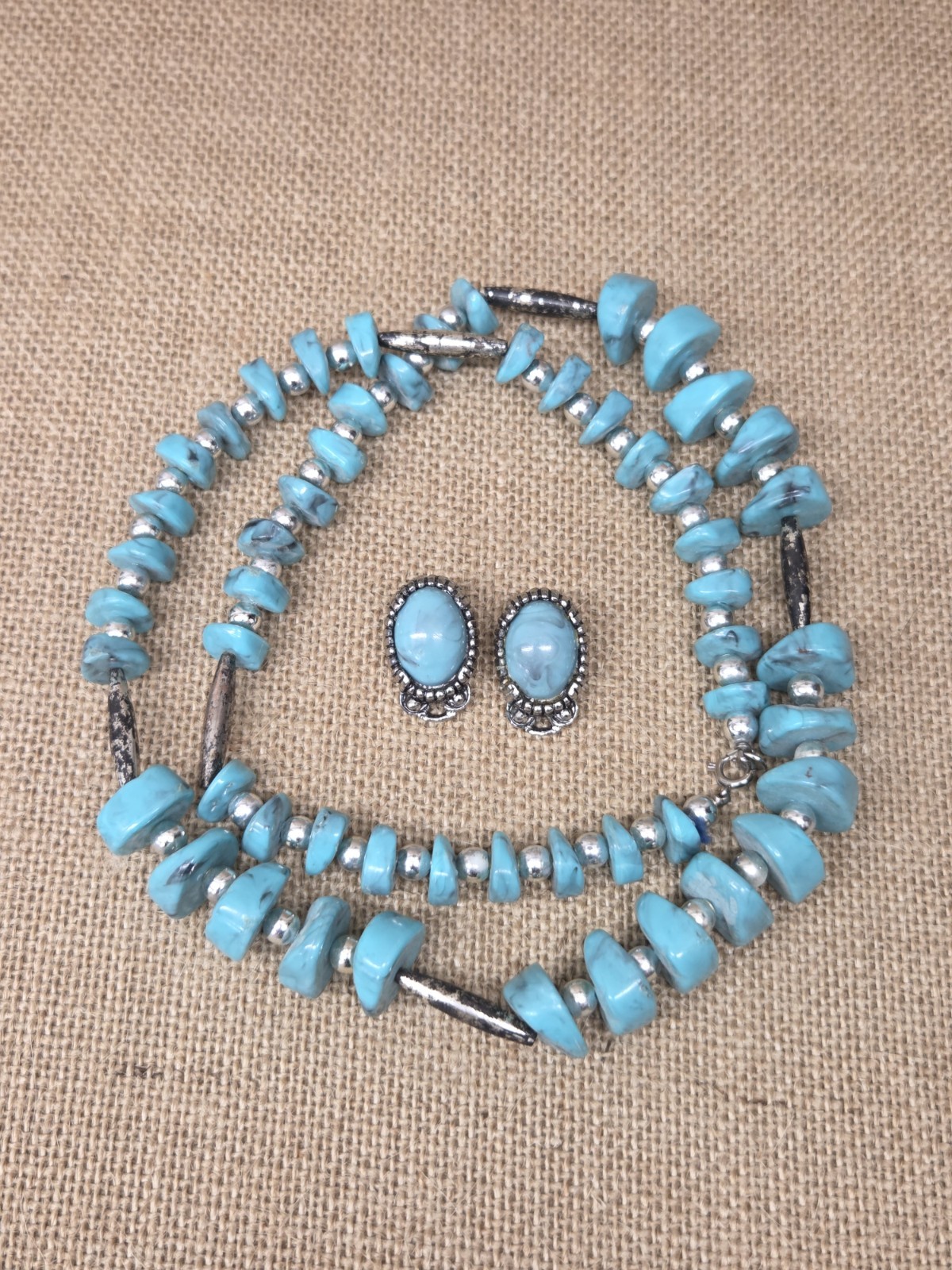 Vintage Turquoise Chunky Beaded Necklace and Clip On Earrings Set