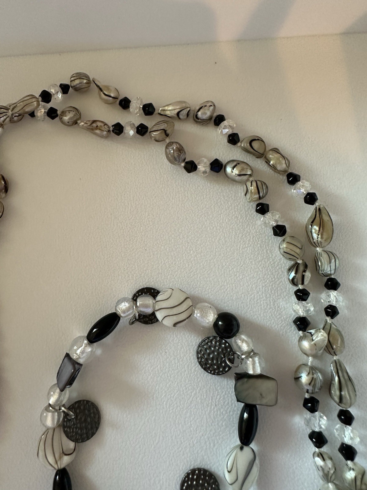 Vintage Black And Silver Glass Beaded Necklace 58” And 4 Stretch Bracelets