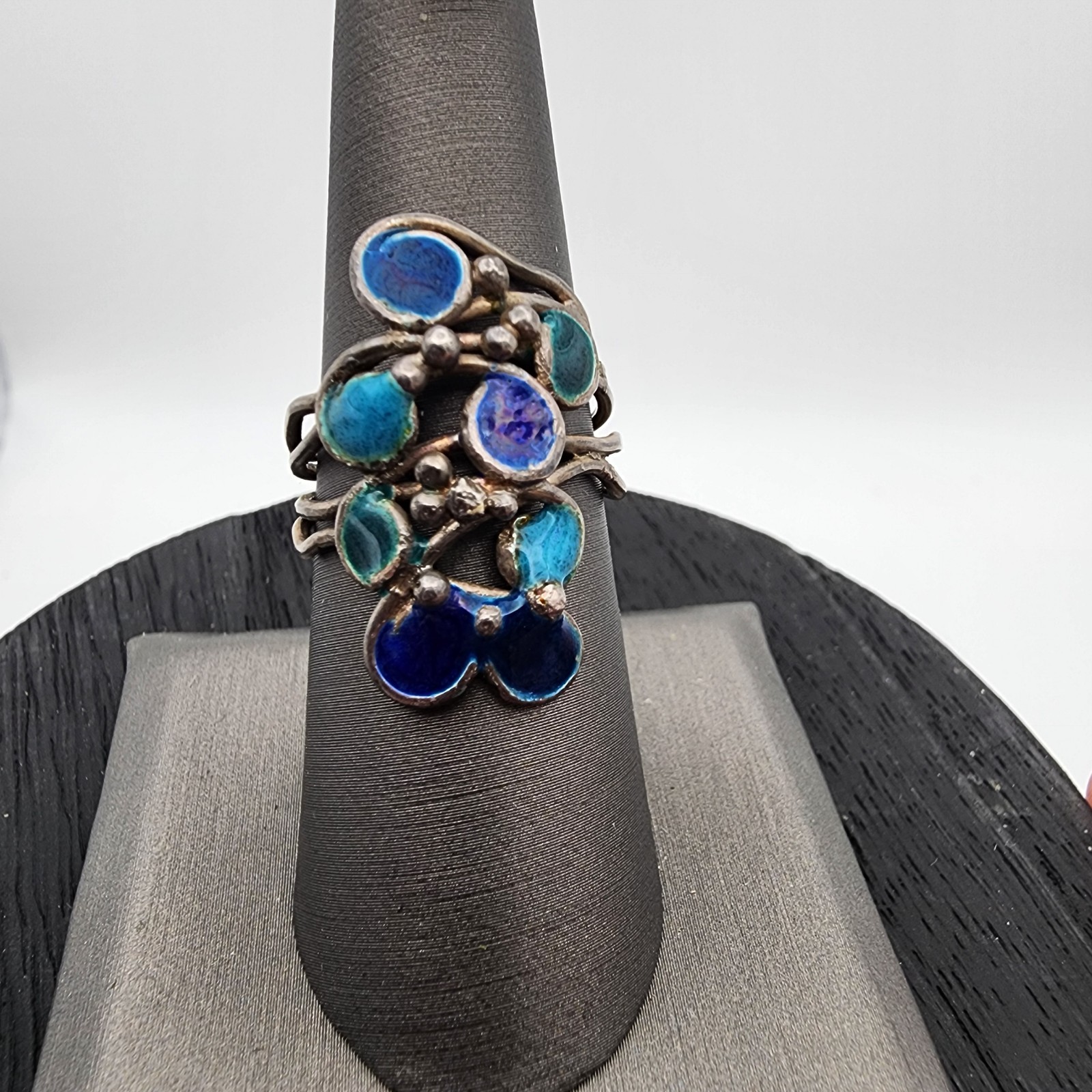 Vintage Signed RP Silver Teal Enamel Brutalist Multi Wire Strand Ring 7″