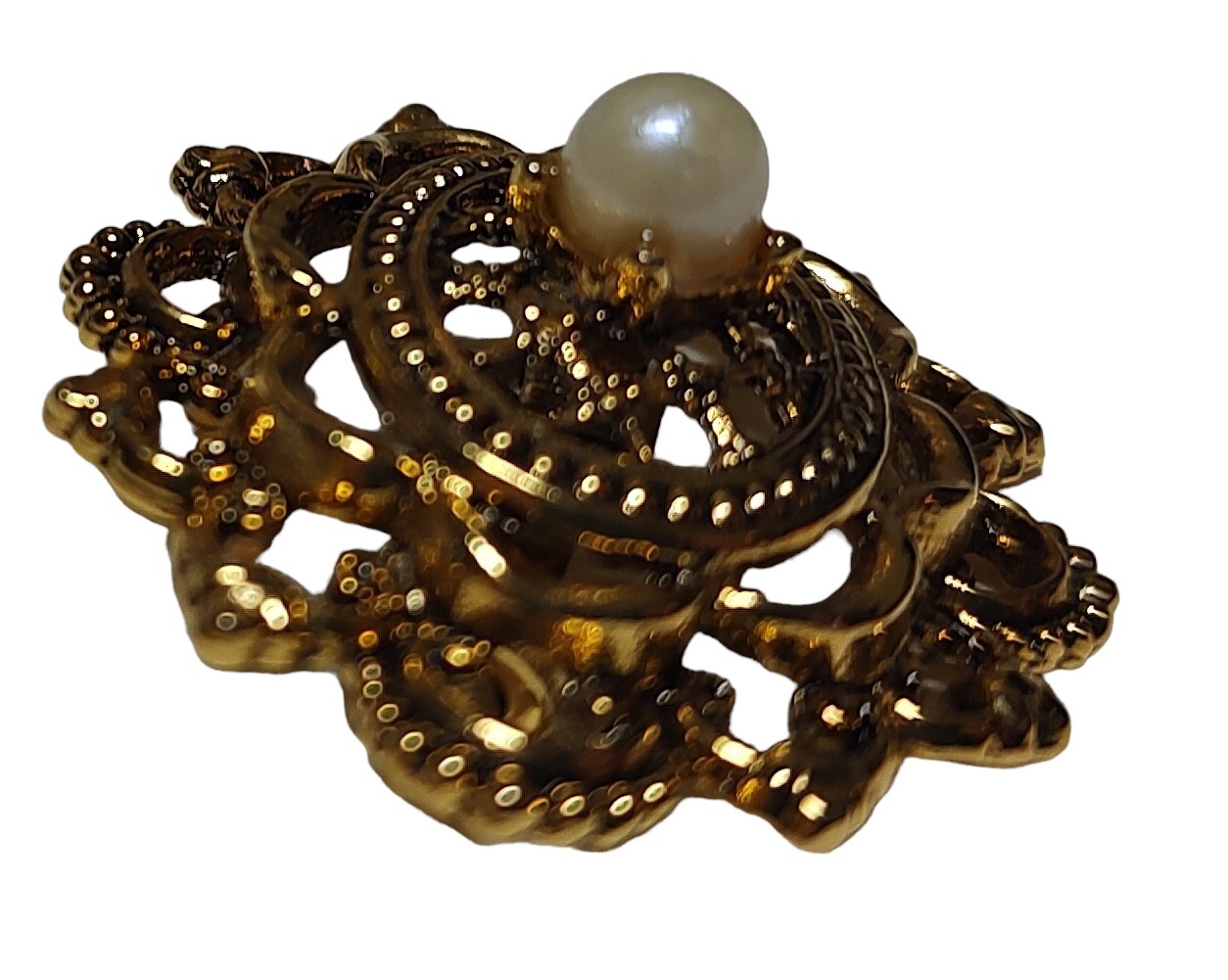Vintage Tacoa Raised Relief Brooch Pin Faux Pearl Floral Filigree Gold Tone Oval