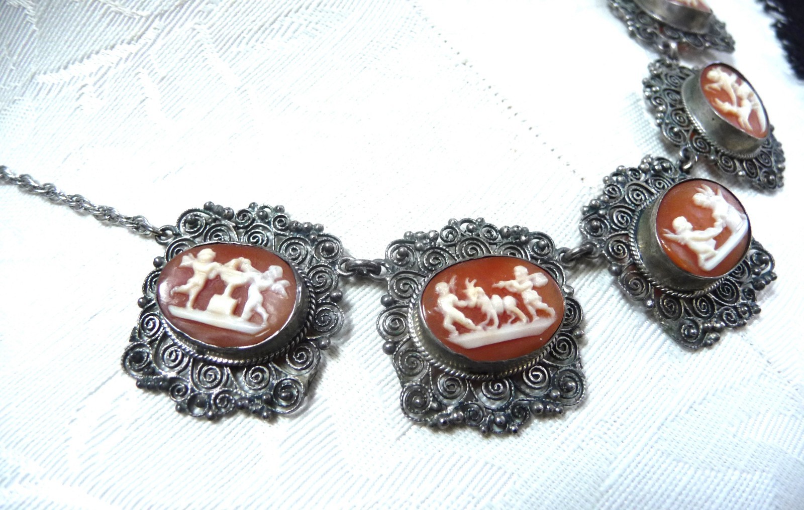 FABULOUS RARE ANTIQUE STERLING 800 SHELL CAMEO CANNETILLE CUPID CHARIOT NECKLACE