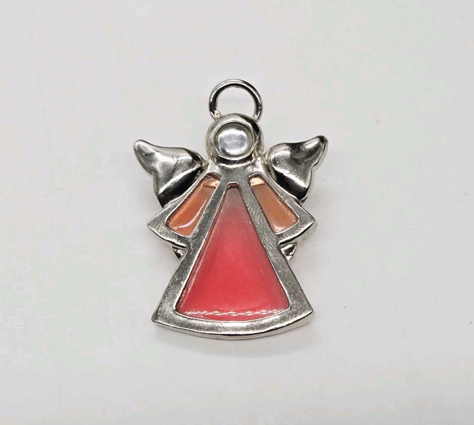 Angel Brooch Pink Glass Pin Silver tone Wings and Halo Deco Guardian 1.75 in