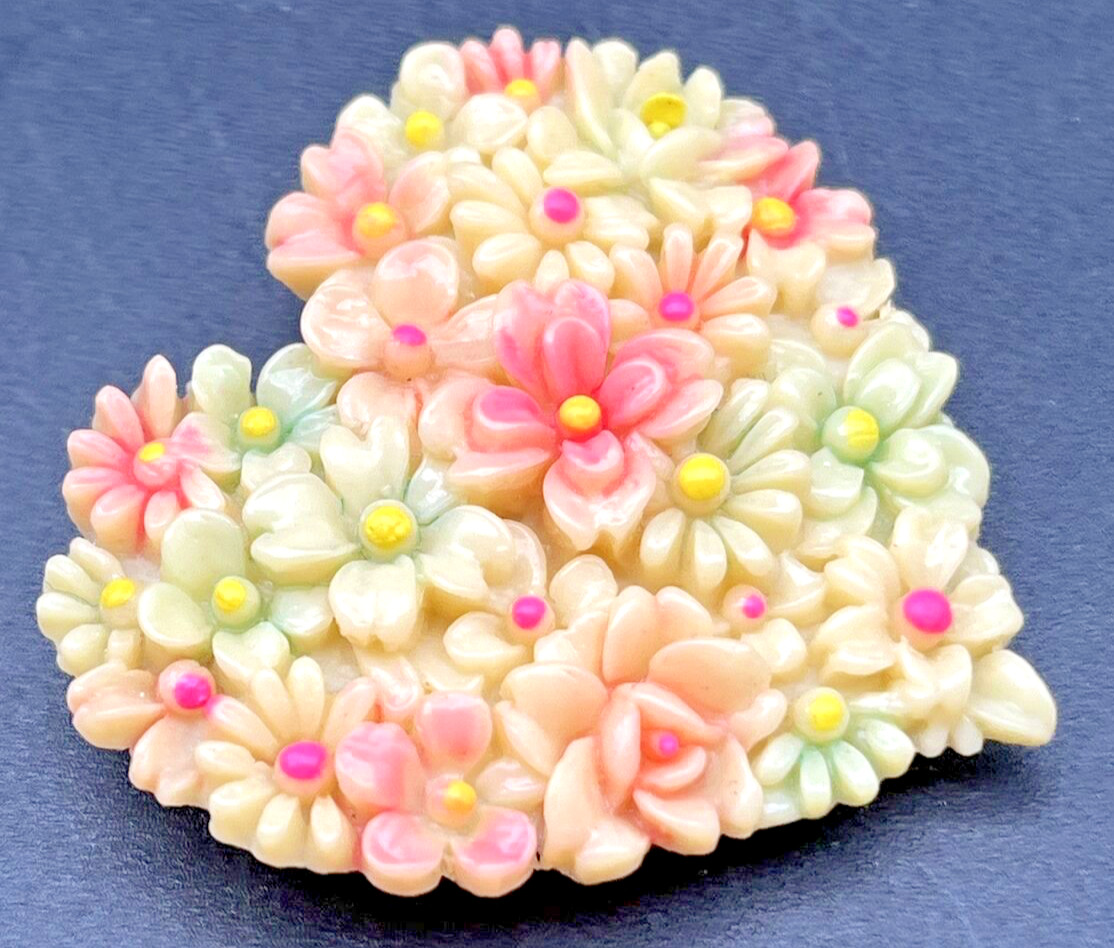 Vintage Carved Celluloid Heart BLOOMING Flowers Pink Lime Green Fur Dress Clip