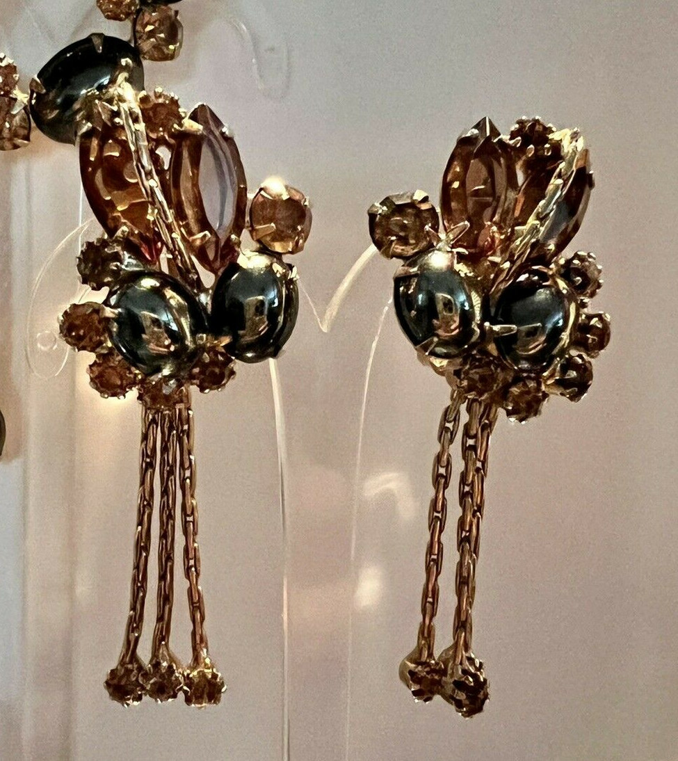Rare D&E Juliana Hematite Topaz Dangling Chain Rhinestone Drops Brooch Earrings