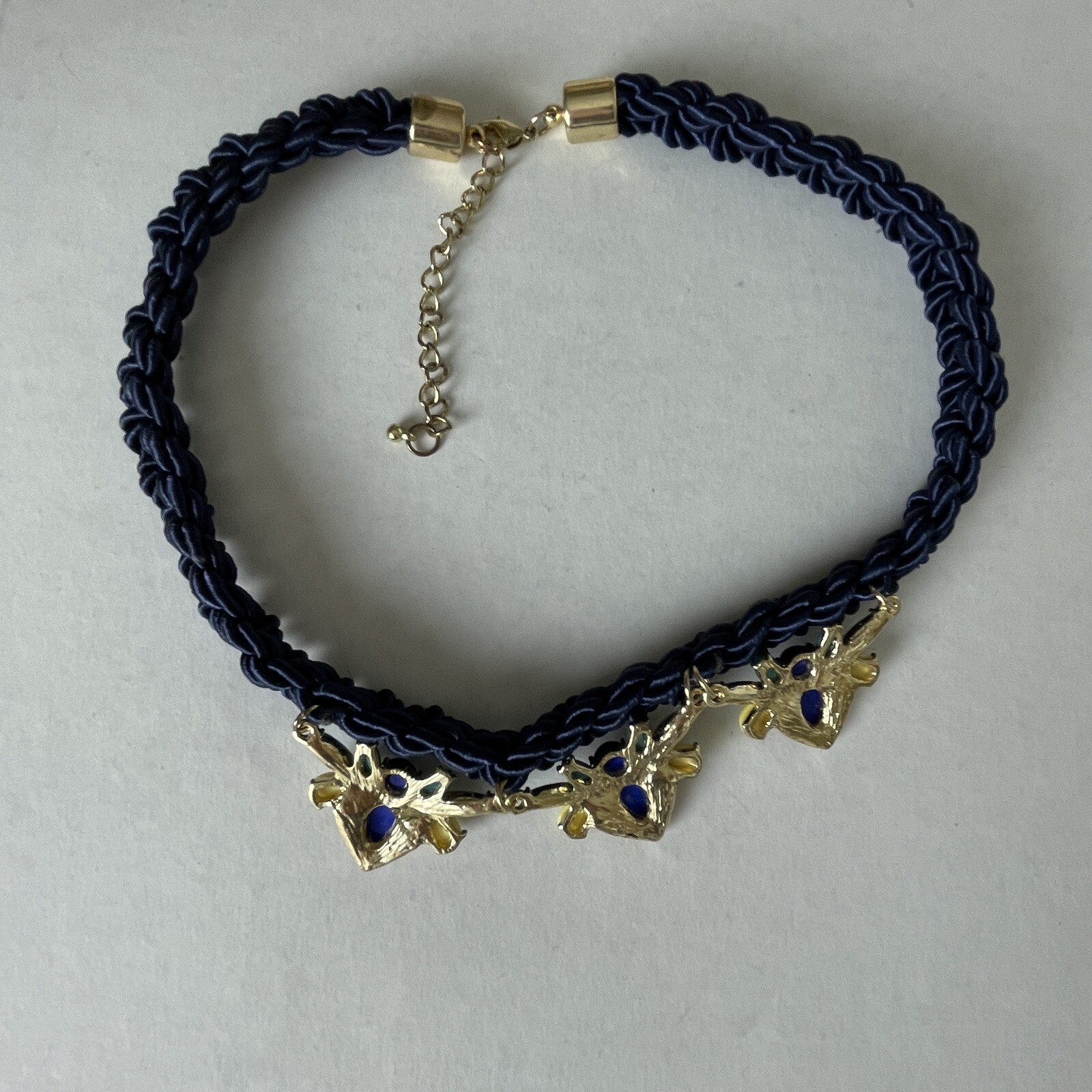 Bee Blue Necklace BRAIDED KNOTTED ROPE 18″ Blue Rhinestone Charm Jewel Bug